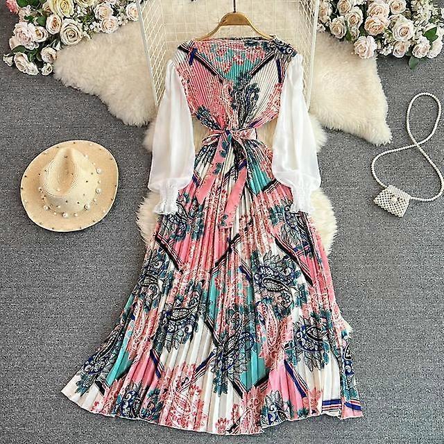 أزياء أنيقة للنساء الربيع مطوي ميدي اللباس خمر عارضة A-Line بوهو ماكسي بيتش الأزهار Vestidos أنثى عطلة Mujers الوردي ، مقاس واحد