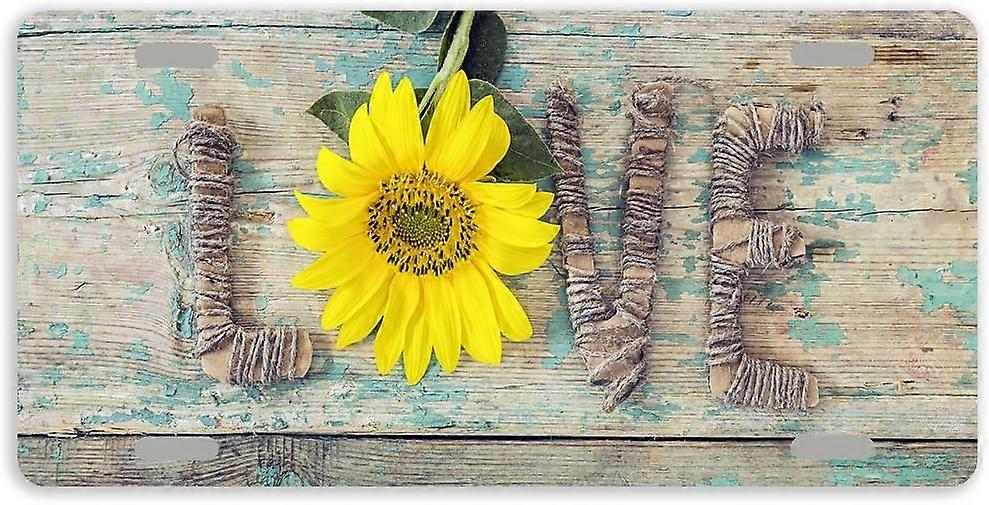 Metall Auto Tag Auto Tag Nummernschild Abdeckung mit 4 Löchern 12 x 6 Zoll -Sonnenblume Liebe auf altem Holz