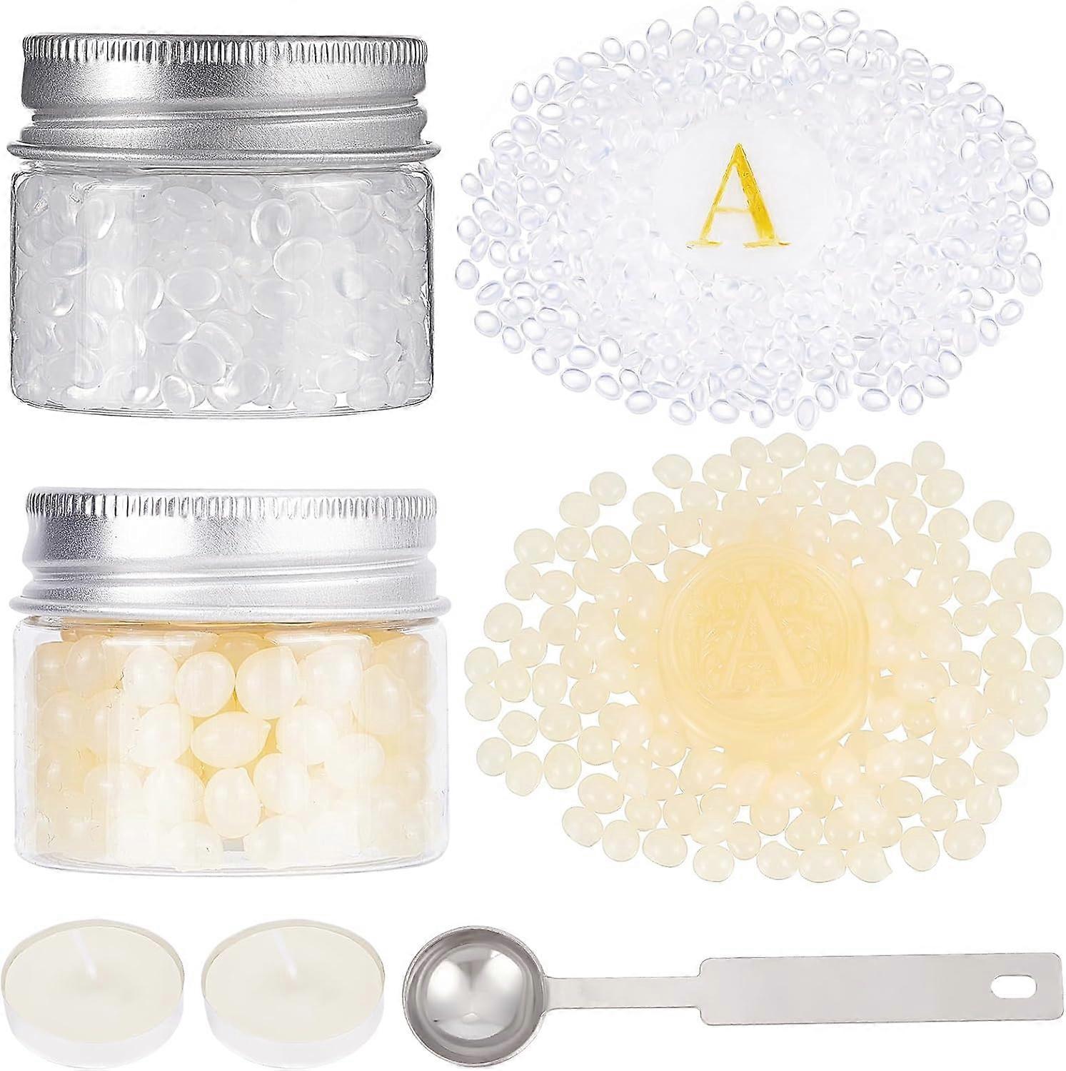 2 Boxes 2 Colors Oval Wax Granule Beads Transparent Sealing Wax Beads Kit with 2pcs Candle 1pc Melting Spoon for Wax Seal Stamp Wedding Invitations DI