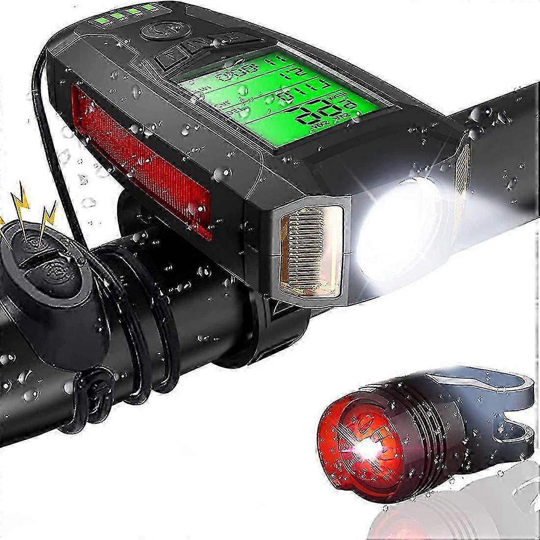 New Models LED Bike Light Set with Bike Computer Rechargeable Bike Lights with Loud Bell Rear Light 5 Lighting Modes Cycling Light