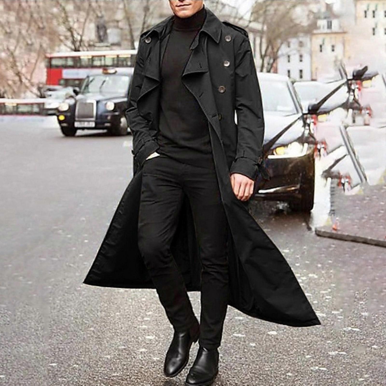 Men's Long-Slevee Luxury Full Length Trench Coat Long Wool Overcoat Winter