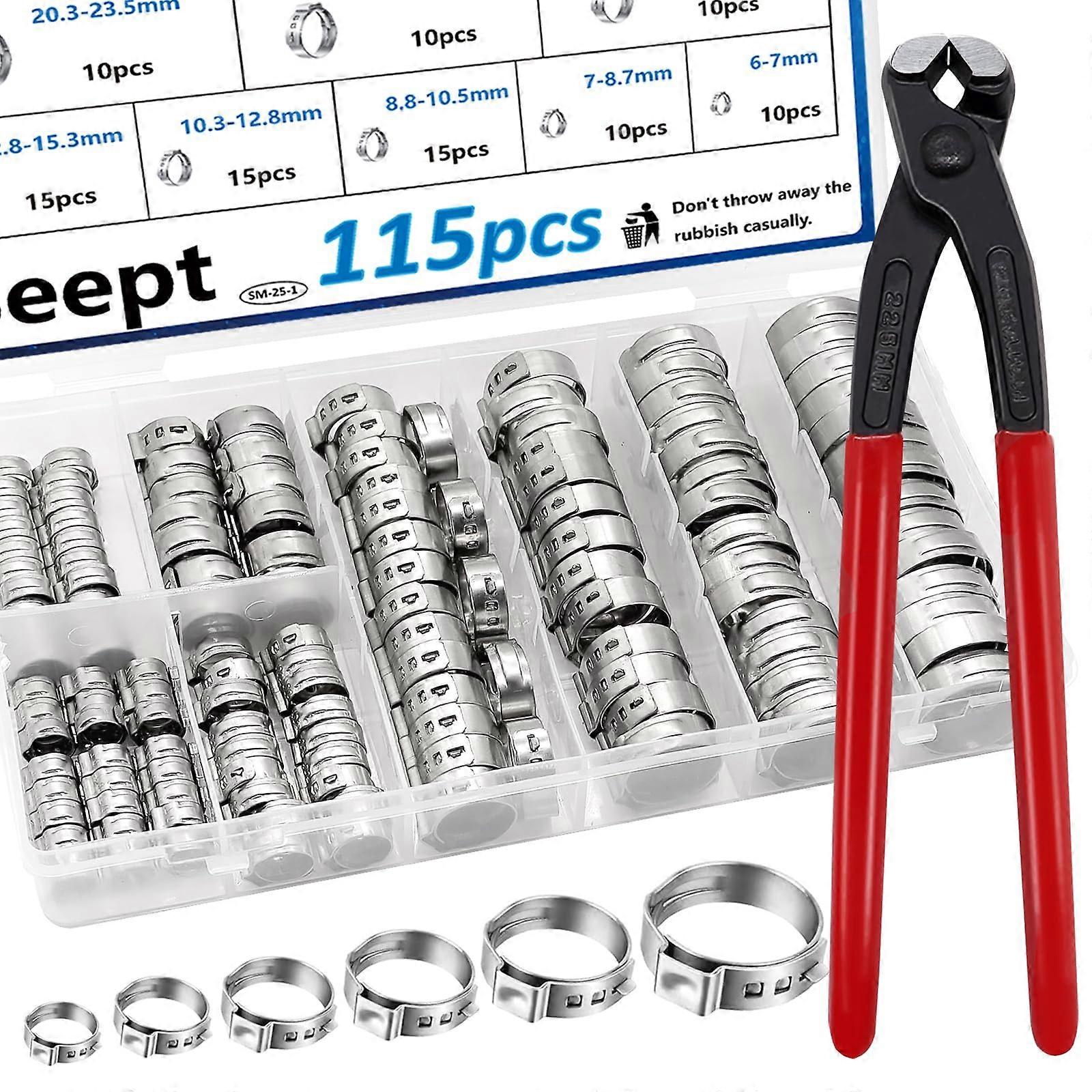 115PCS 6-28.6mm Single Ear Hose Clamps with Scaly 10-Dimensional Fold for Secure Pipe Connections