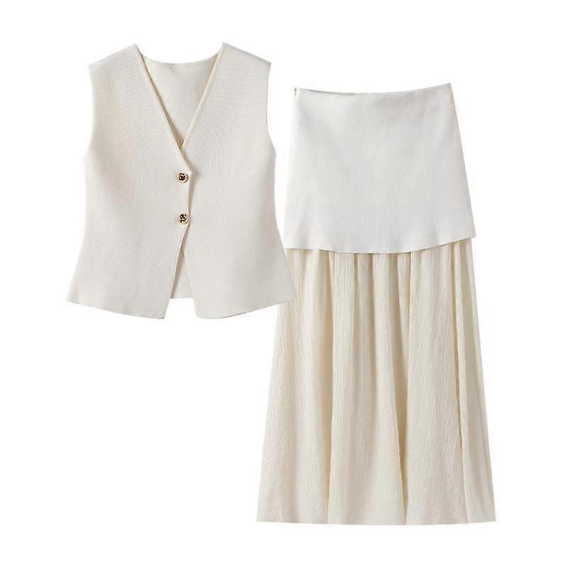 Knitted Pleats Patchwork Skirts Sets for Women 2 Pieces Button V-neck Vest Top Ankle-Length Skirt Lady Commuter Suit Elegant Temperament