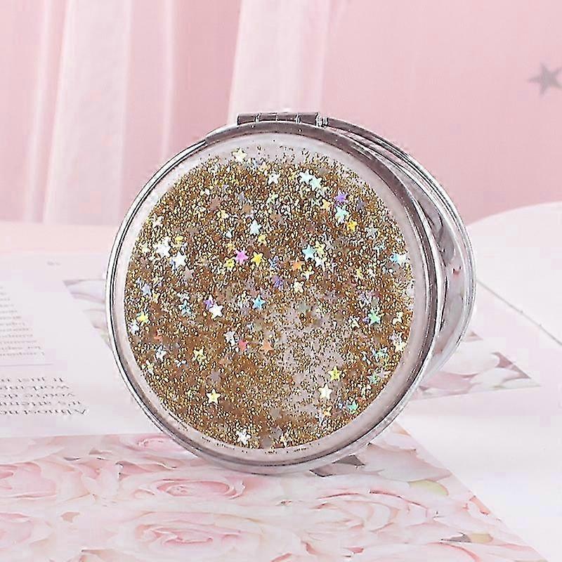 Mini Makeup Compact Mirror, Round Folding Quicksand Double-Sided Portable , Gold hwy