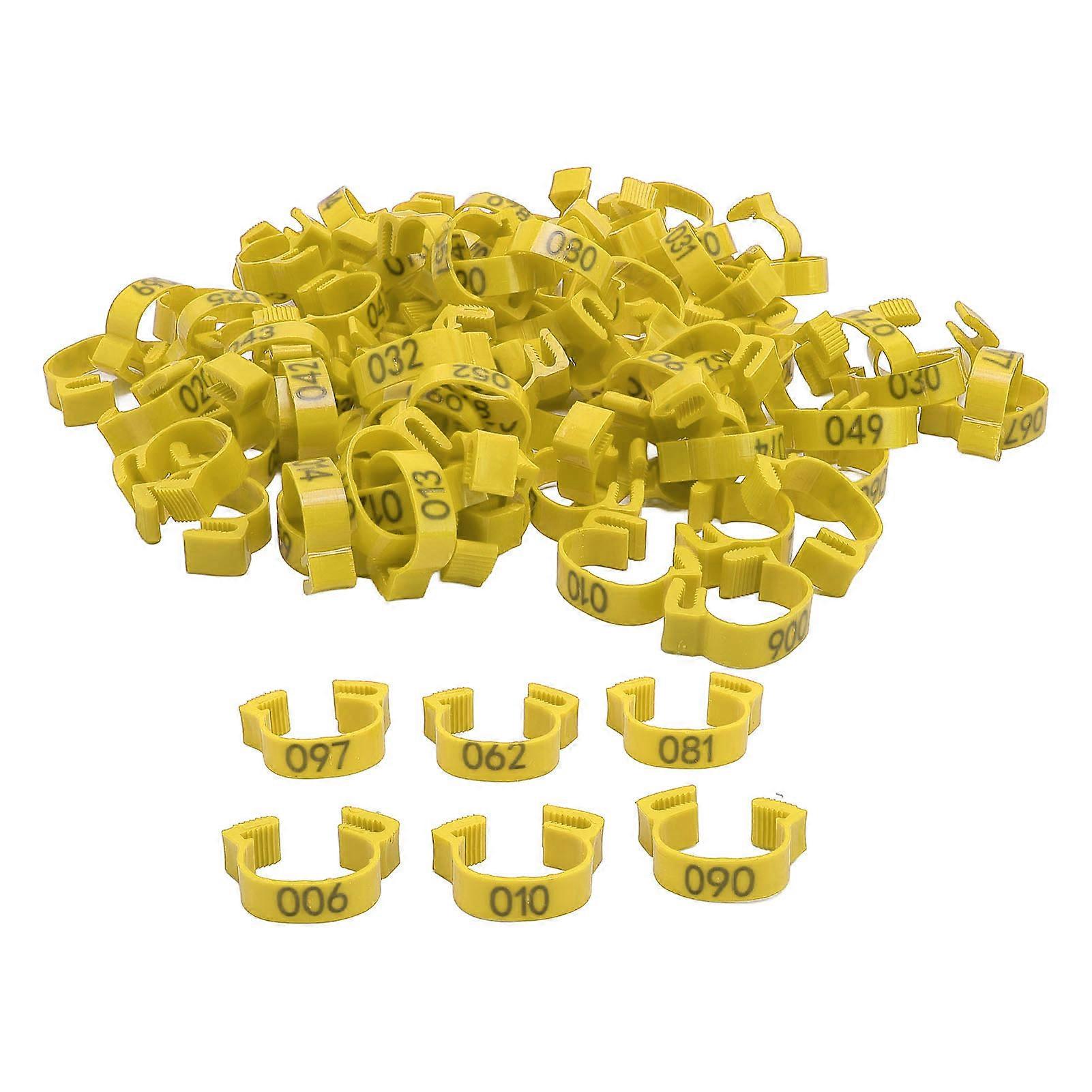 100PCS Chicken Leg Bands 20mm 001 to 100 Numbered Poultry Identification Leg Tags for Chicks Ducks Pigeons Goose Quail Yellow