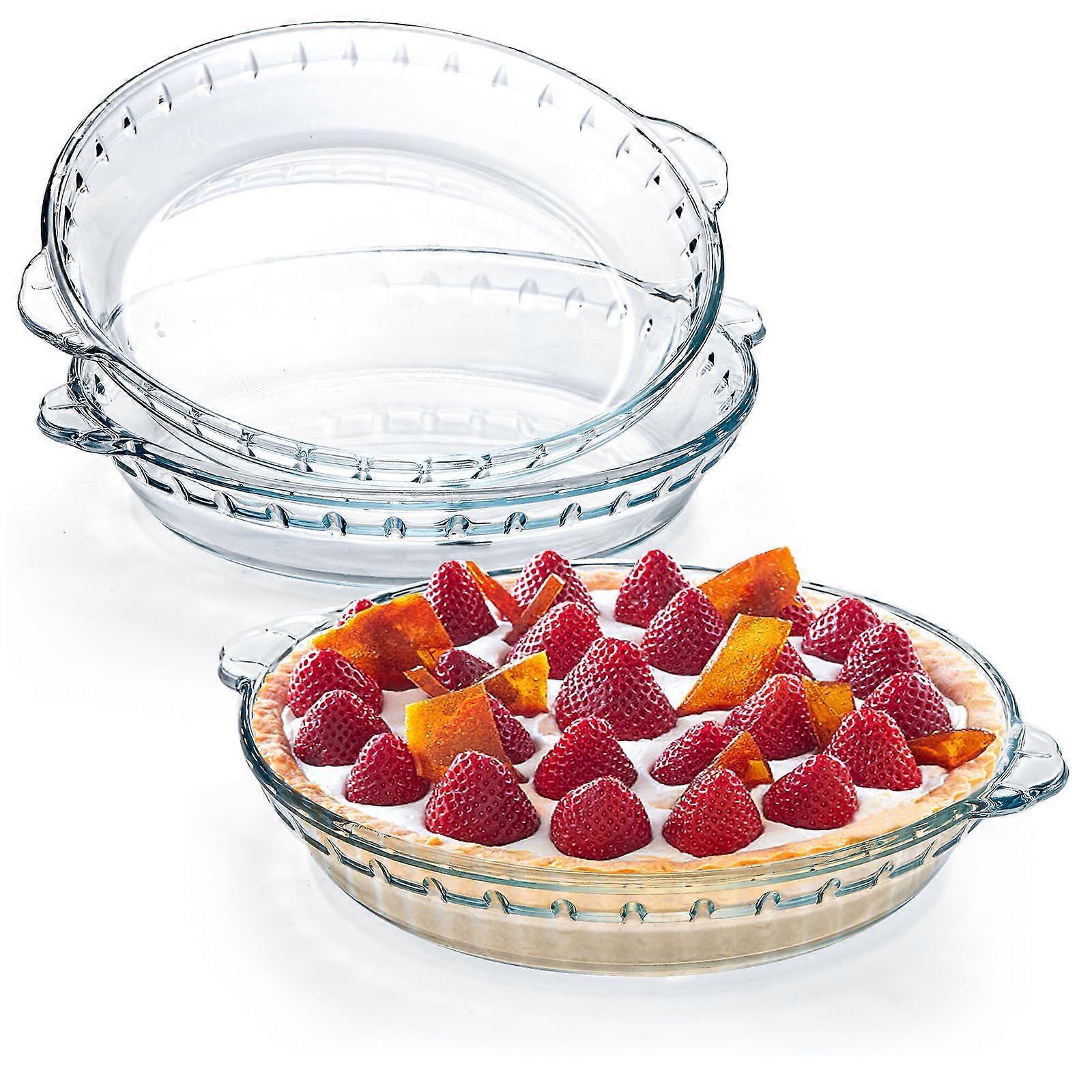 Glass Pie Plates 3 Pack with Handles, 9 Inch Clear Baking Dishes, Durable Glass Serving Plates for Snacks and Desserts