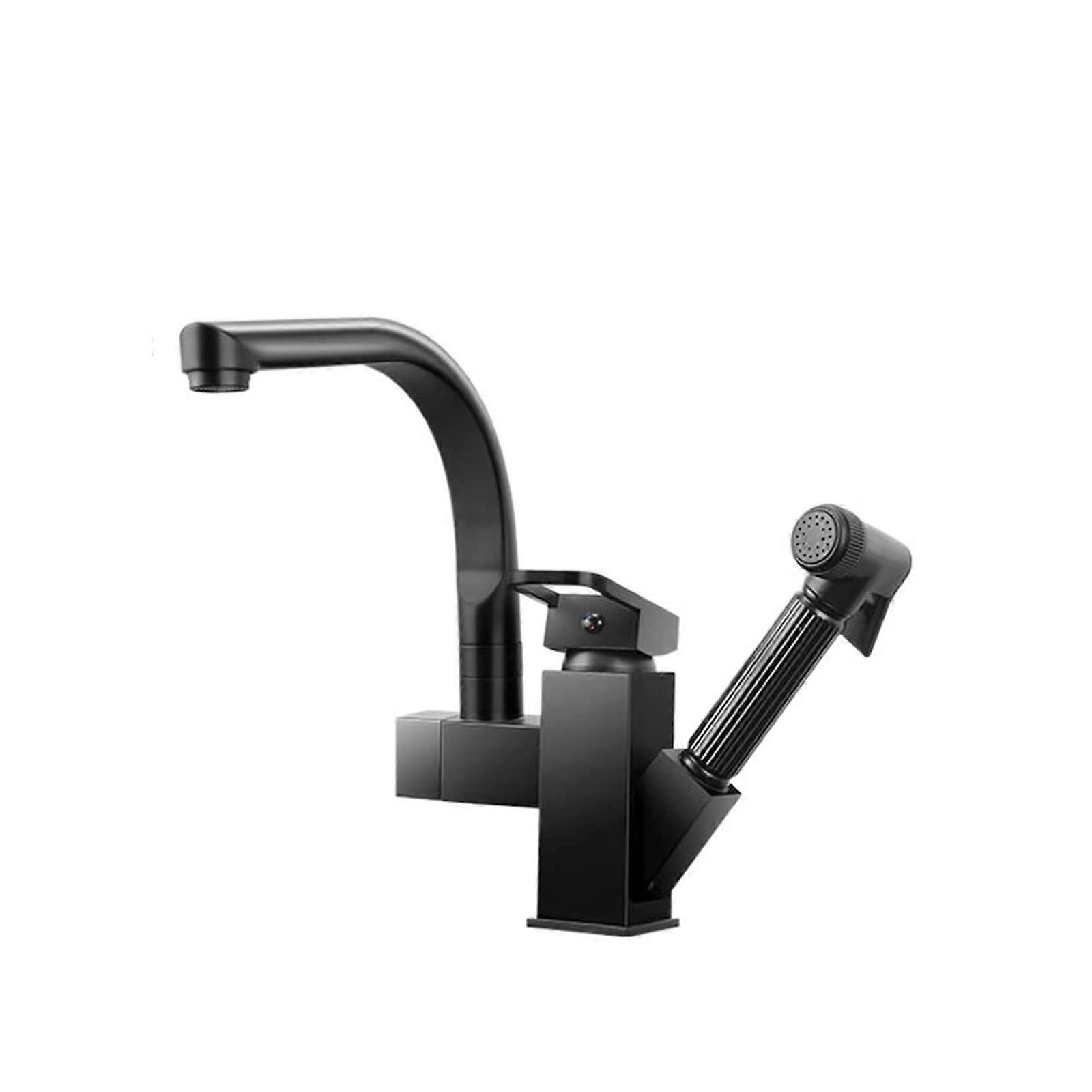 Faucet 360° Rotate Black Deck Mounted Flexible Pull Out Kitchen Mixer Tap Hot Cold Spring Spout Square Design