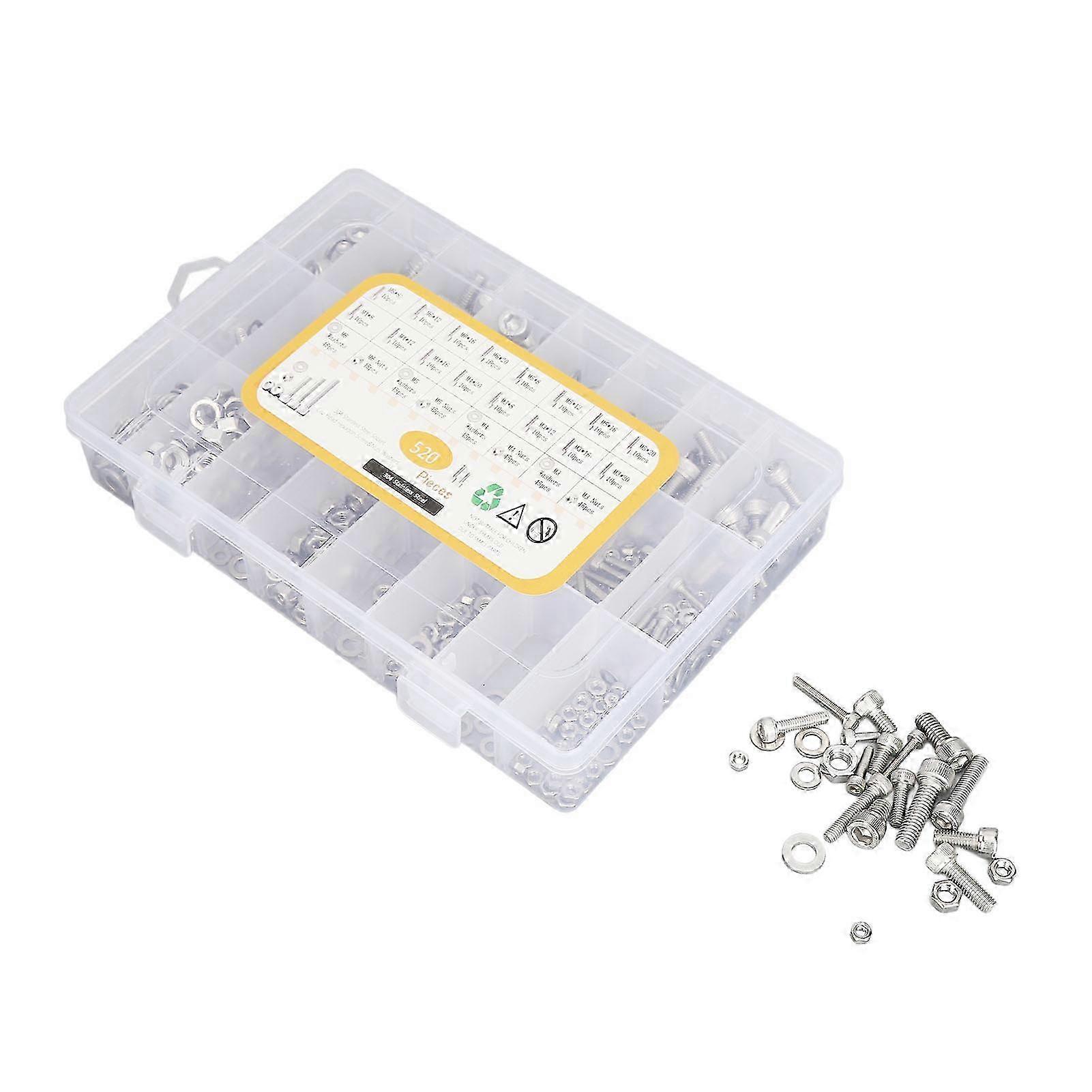 Metrisches Hardware-Sortiment 520Pcs - Edelstahlschrauben, Muttern, M3, M4, M5, M6