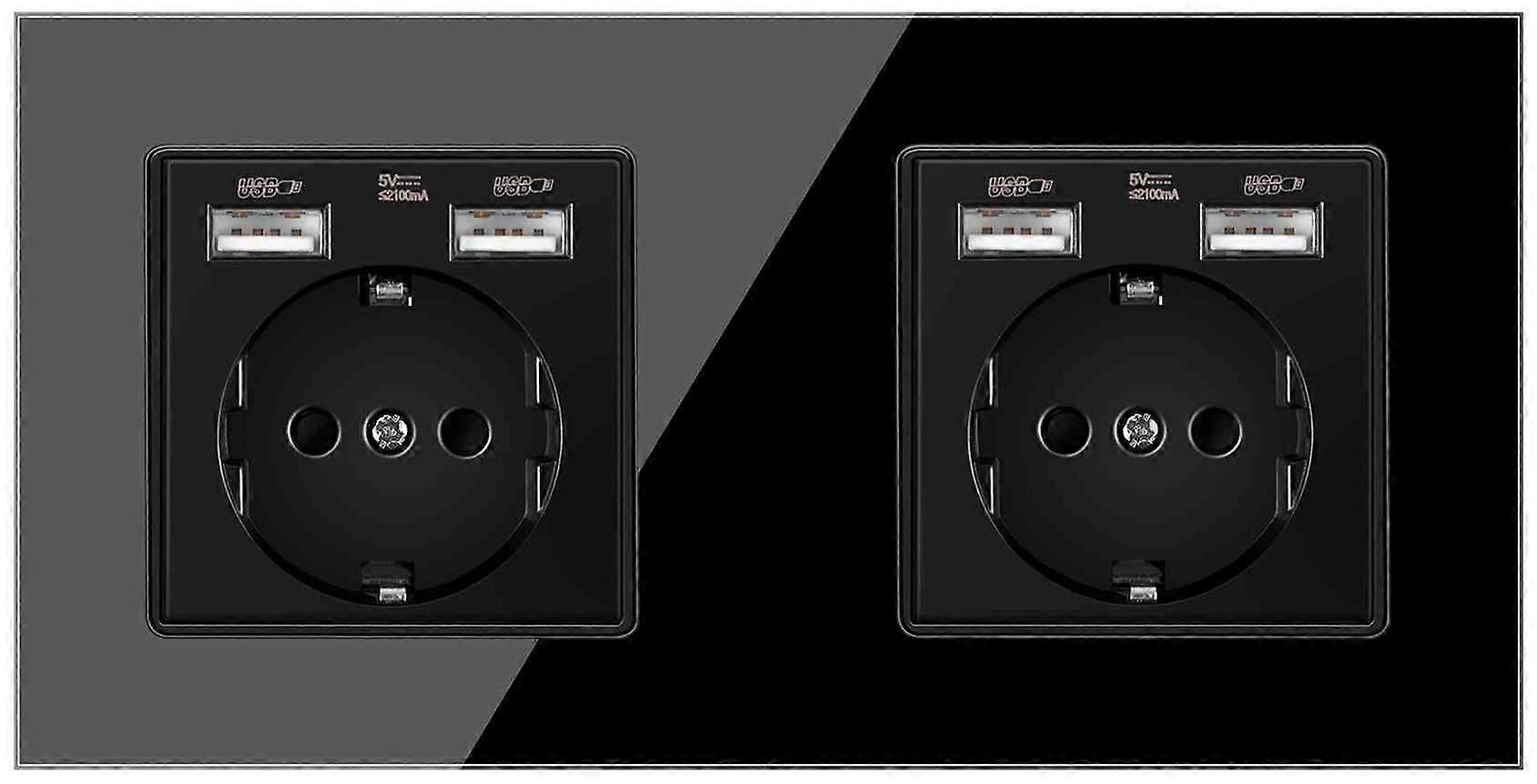 Eu Plug Electrical Double Outlets 16A 250V + 4 USB Wall Power 2-Socket Black Glass Panel Germany Sockets