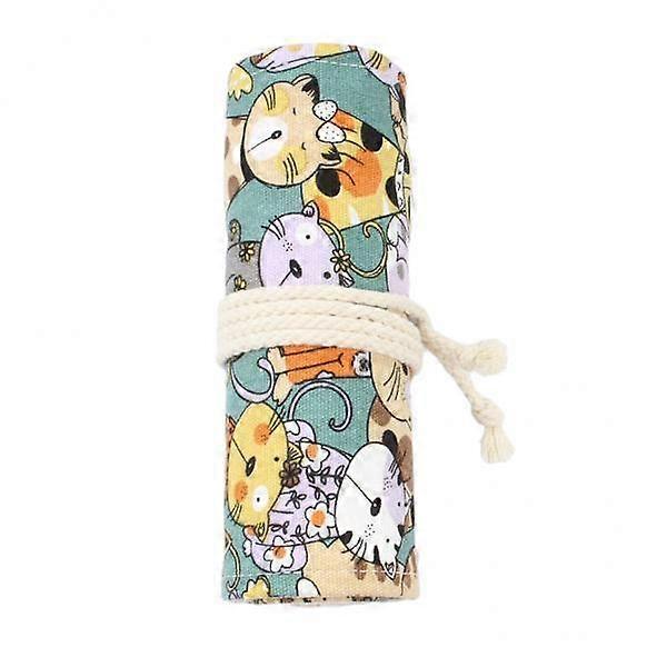 6xCat Pattern Canvas Pencil Bags Pen Case Painting Brush Pouch Roll Up Holders