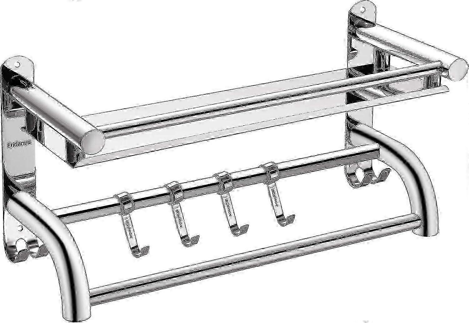 Foldable towel rack with hooks and shelf for bathrooms, made of brushed stainless steel, ideal for hotel-style settings and home use
