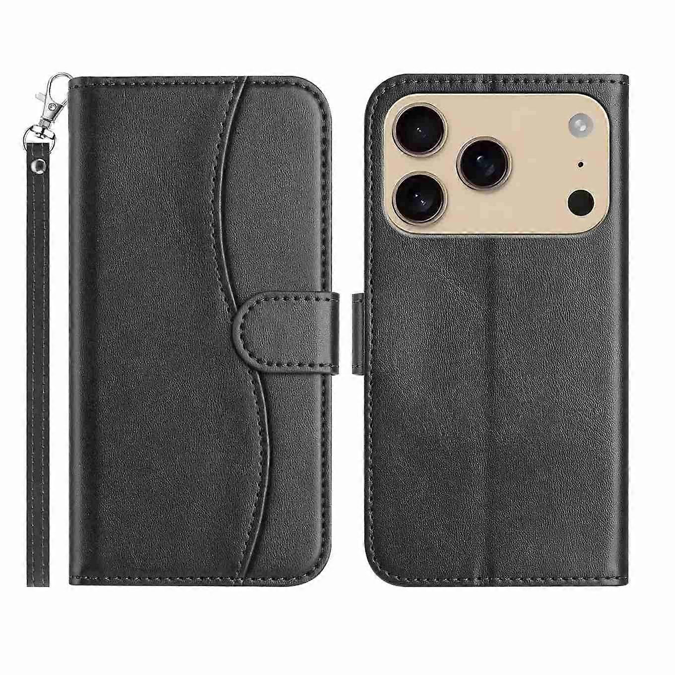 حافظة غطاء حامل لهاتف iPhone 17 Pro PU جلد محفظة غطاء هاتف على شكل S تصميم خياطة مع حزام - أسود