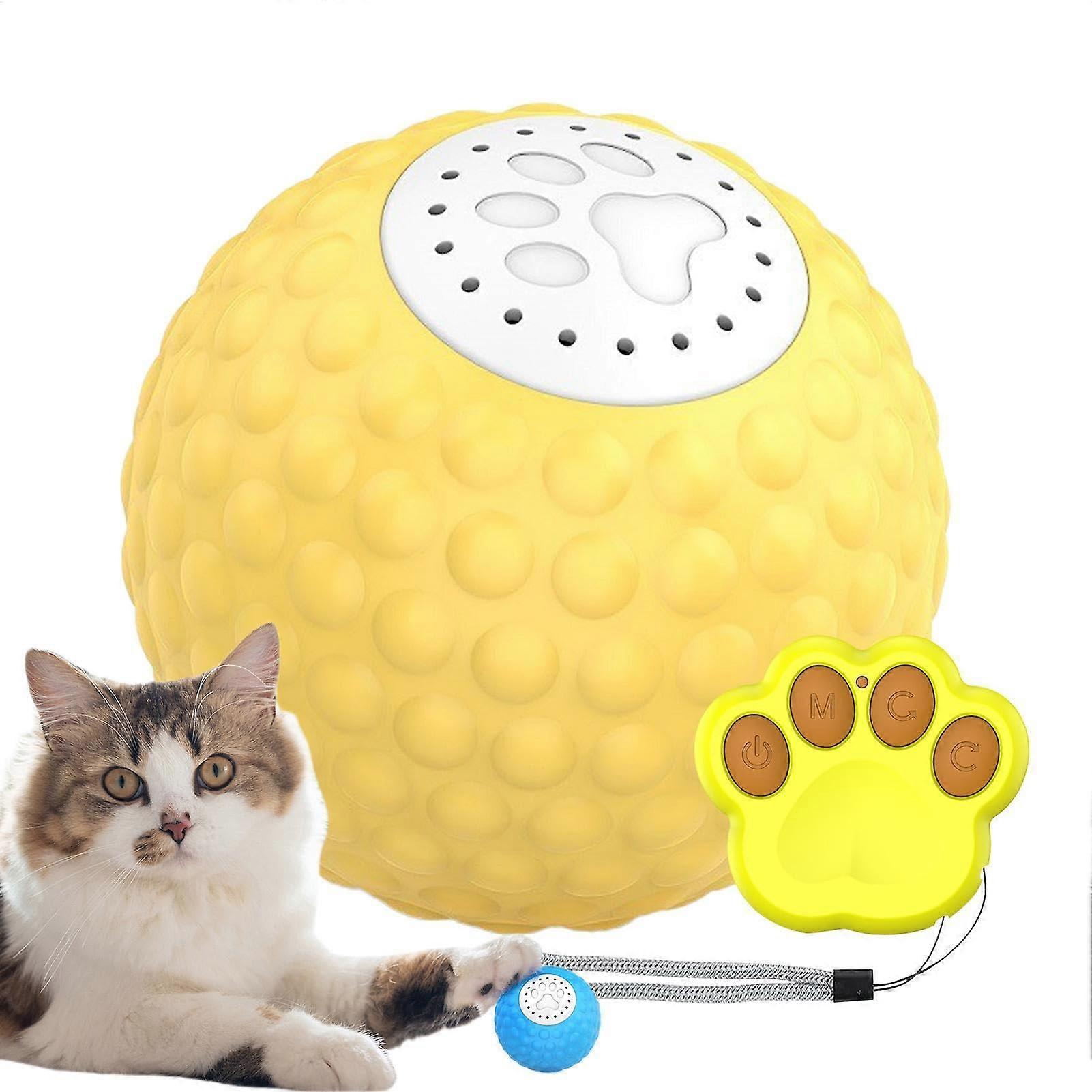 Rolling Ball for Cats with Remote Control, LED Light Modes, Bird Sounds, Indoor Hunting Toy for Kittens, Yellow Color