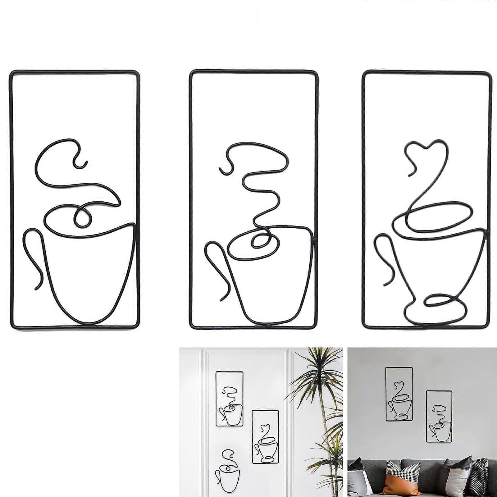 Pack of 3 Coffee Black Metal Wall Decoration, Abstract, Modern, Minimalist Art (24 x)