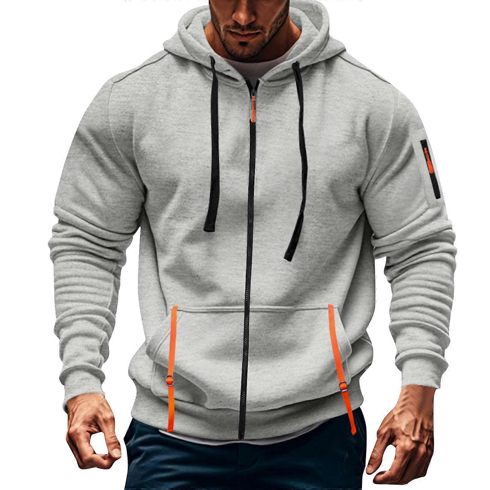 Jaqueta com Capuz Casual para Homens com Vários Bolsos Forrada de Lã Quente Zíper Completo Manga Longa Moletom Inverno Trabalho Jumper Cinza Claro XL