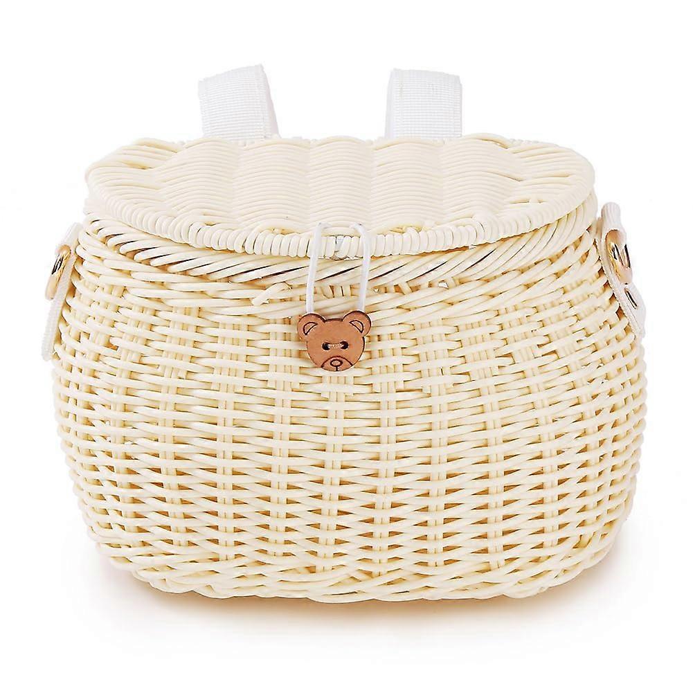 Generic bicycle handlebar basket, backpack with lid, storage basket, adjustable leather straps for adult bicycles, beige