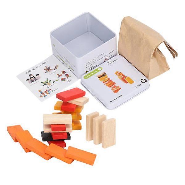 Wooden Domino Blocks Building Blocks Educational Brain Game with Iron Box for Travel Kids 3+