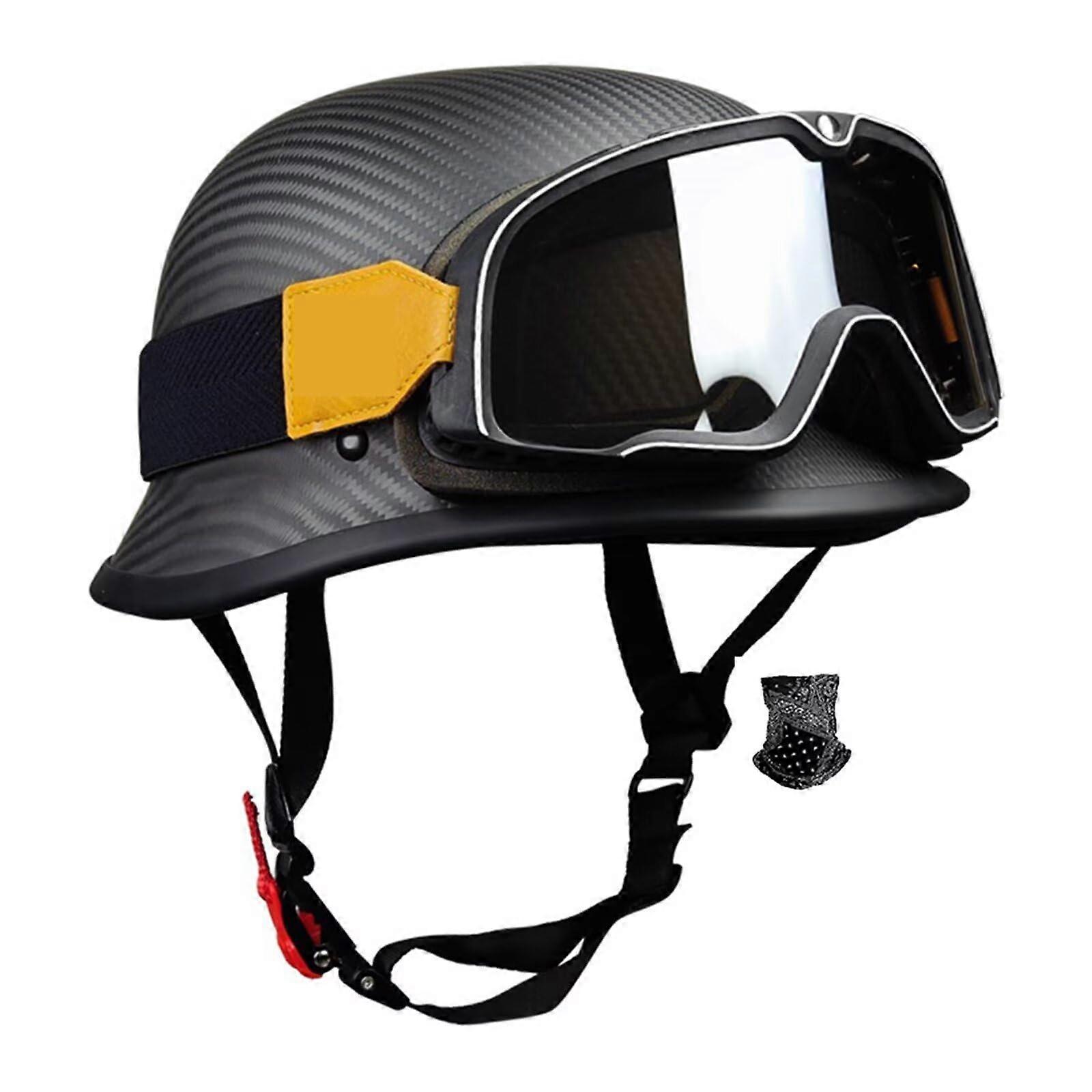 Retro Motorcycle Carbon Fiber Half Shell Helmet DOT/ECE Approved Retro Jet Helmet with Goggles for Cruiser Chopper Biker Moped XL A11