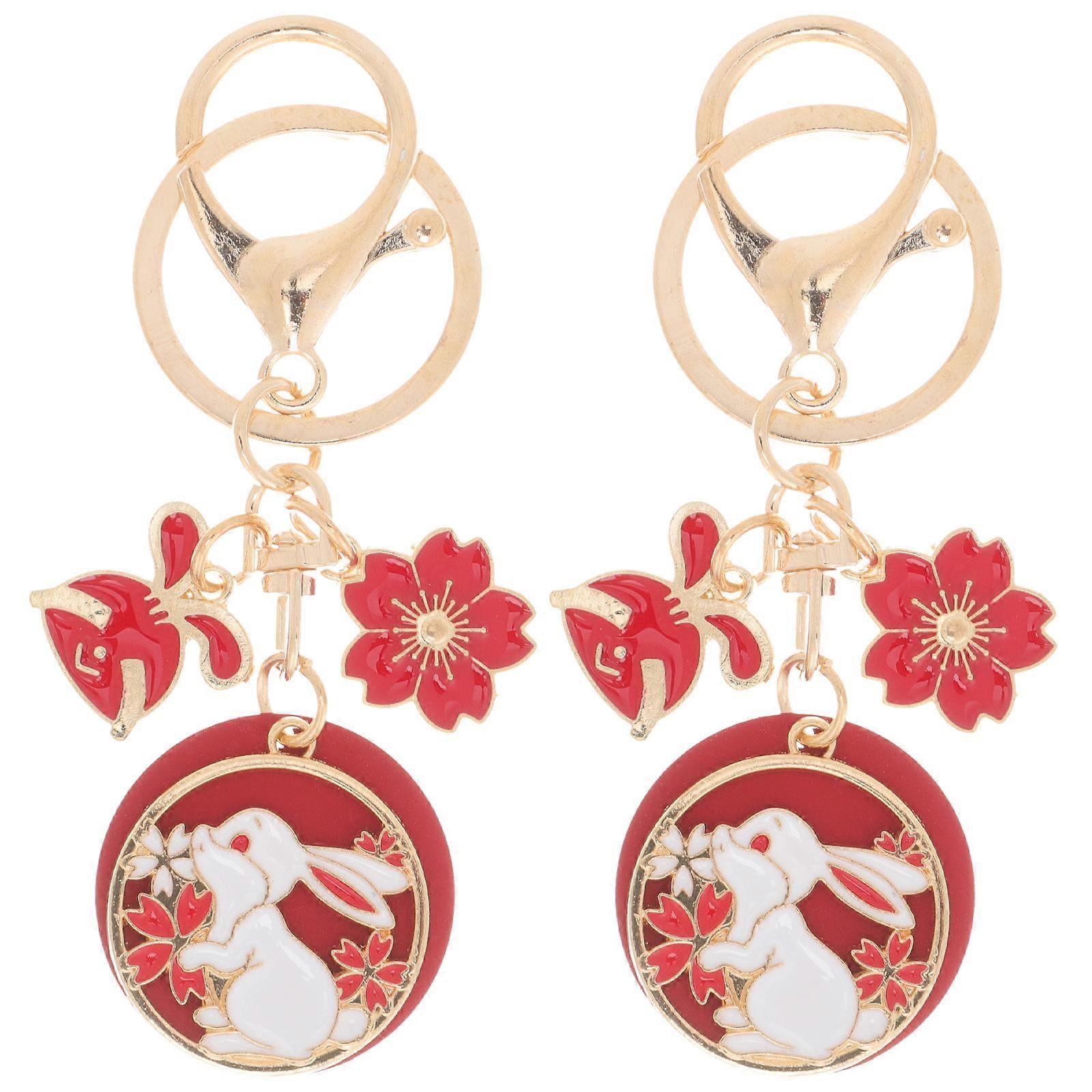 Adorable 2PCS Rabbit Keychain Set Bright Colorful Key Pendant Accessory, Cute Chinese Style Design