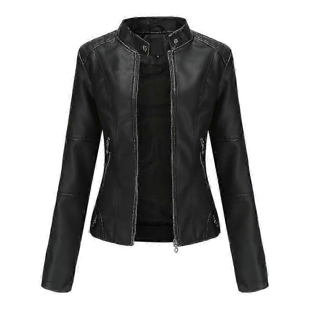 Women's Casual Zipper Down Stand Collar Leather Jacket