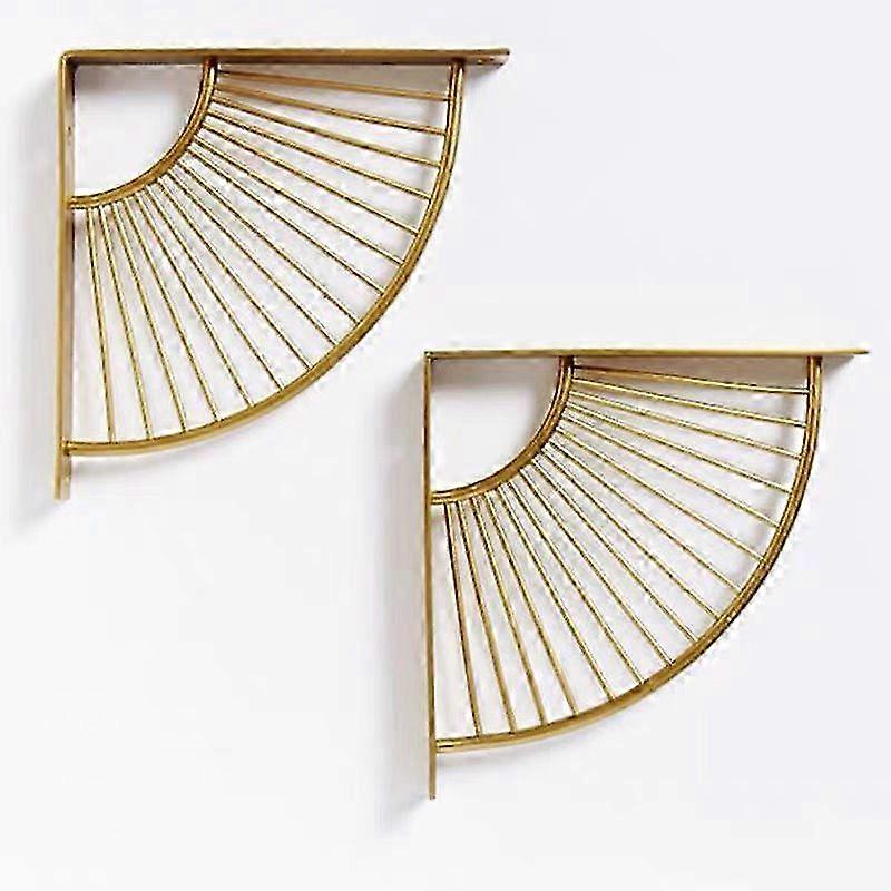 Floating Metal Golden Fan Shaped Triangle Shelf Bracket, Set of 2 Hanging Shelving Wall Corner Bracket for Restaurant/Office/Home Decor (15cm/5.9