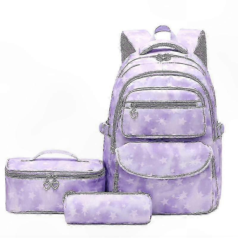 Gradient Backpack Set with Matching Lunch Box for Girls, School Bag for Elementary Students (Purple Star Pattern)