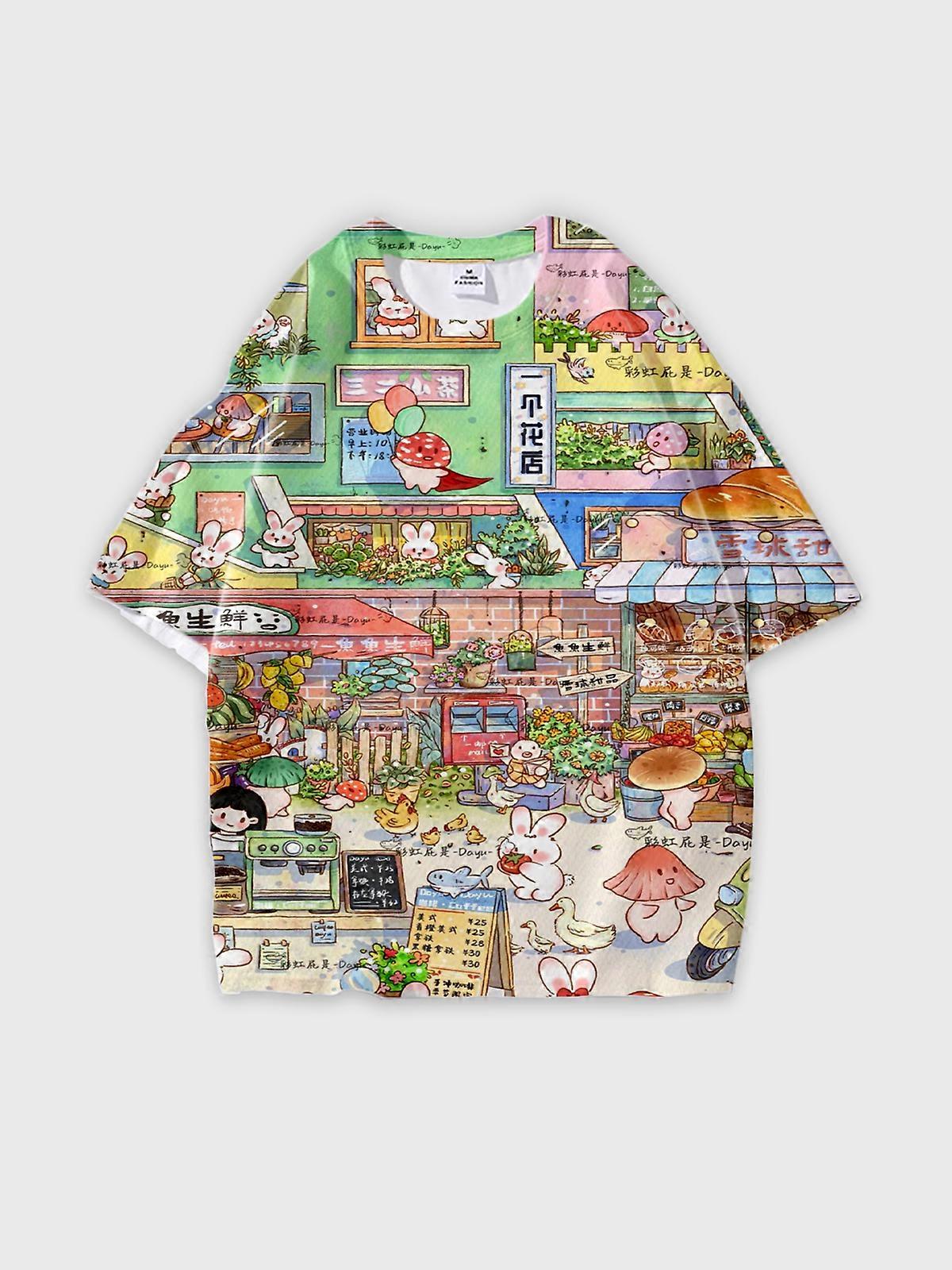 T-Shirt Round Neck, Loose Short Sleeve Pattern Graphic Tee, Unisex Summer Casual Top W2311