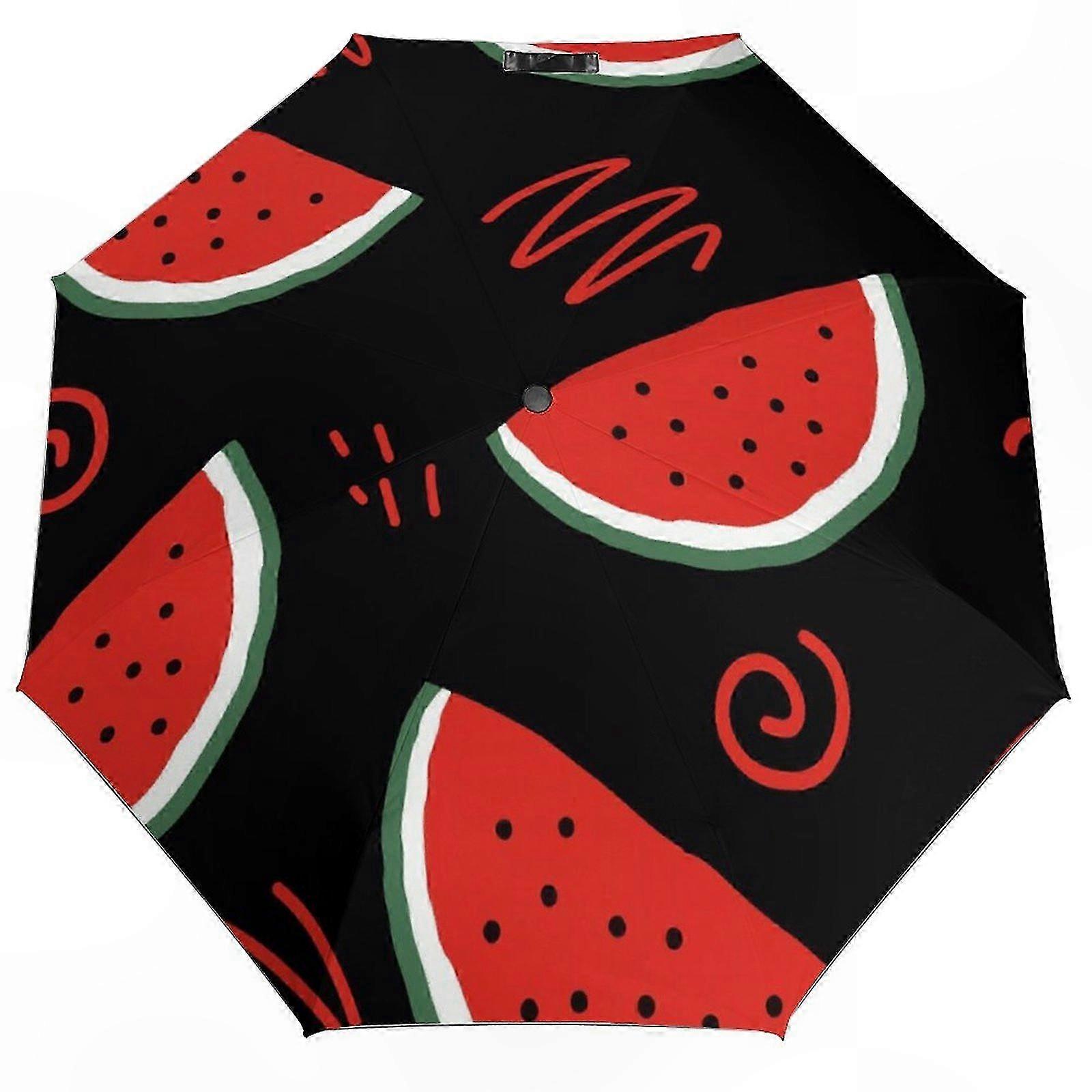 Windproof Compact Folding Umbrella, Auto Open Close Travel Umbrella with Watermelon Pattern for Adults