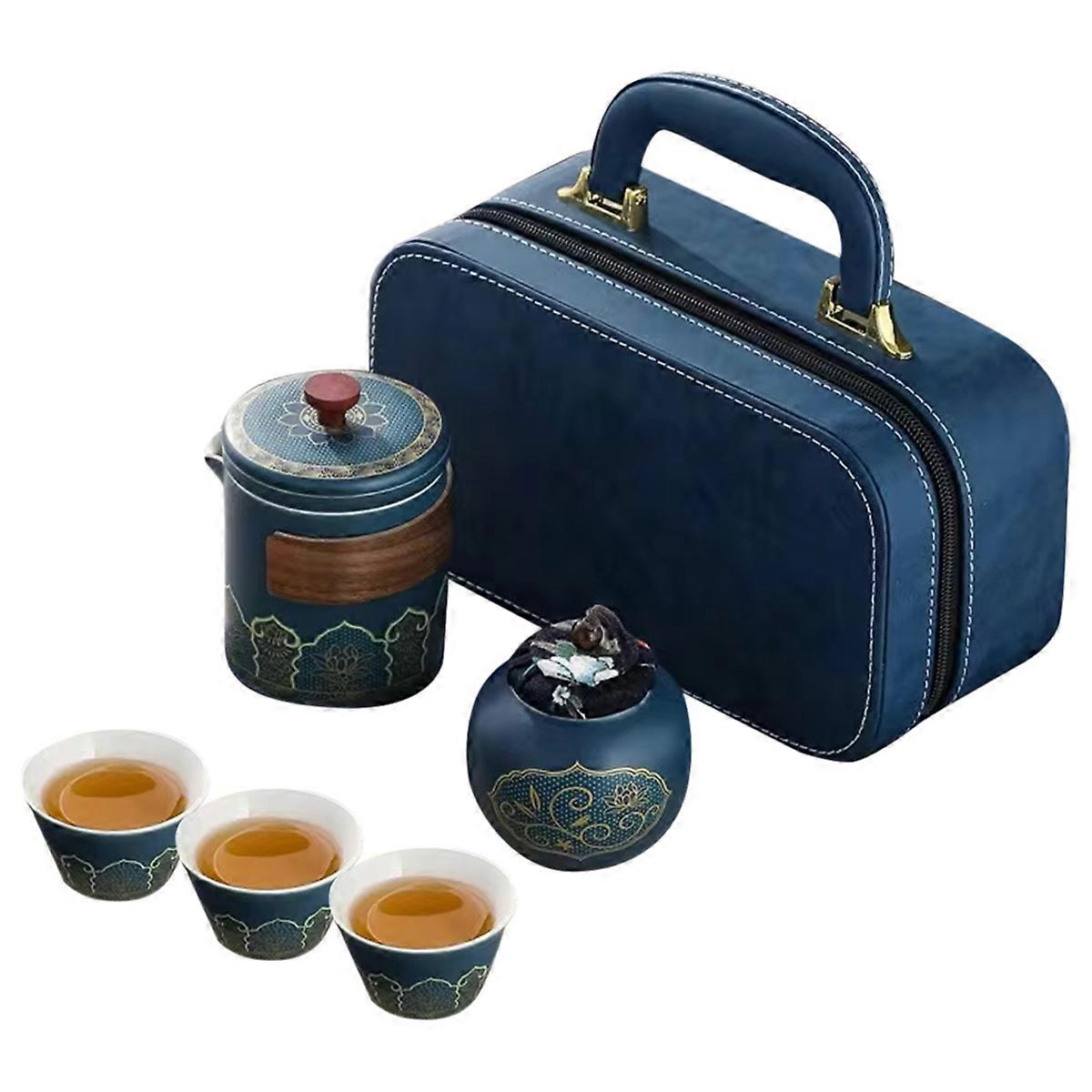 1Set-Travel Tea Set Portable Tea Set Ceramic Teapot Tea Canister Tea Cup Outdoor Quick Cup Tea Cani
