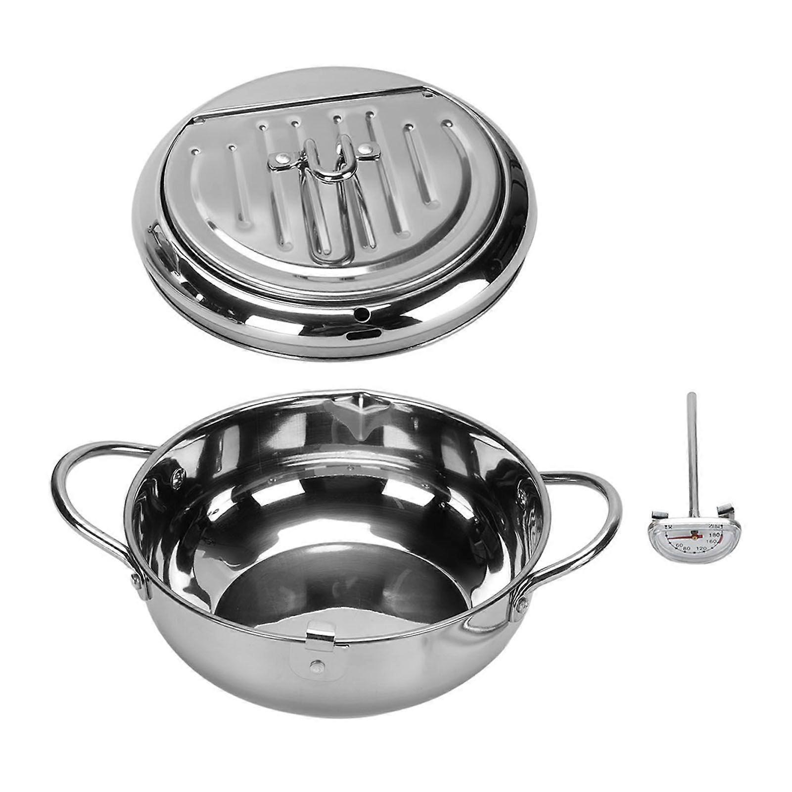 304 Stainless Steel Deep Fryer Pot Temperature Control Multifunctional Oil Saving Thickened with Lid and Oil Drip Drainer Rack for Kitchen 24CM