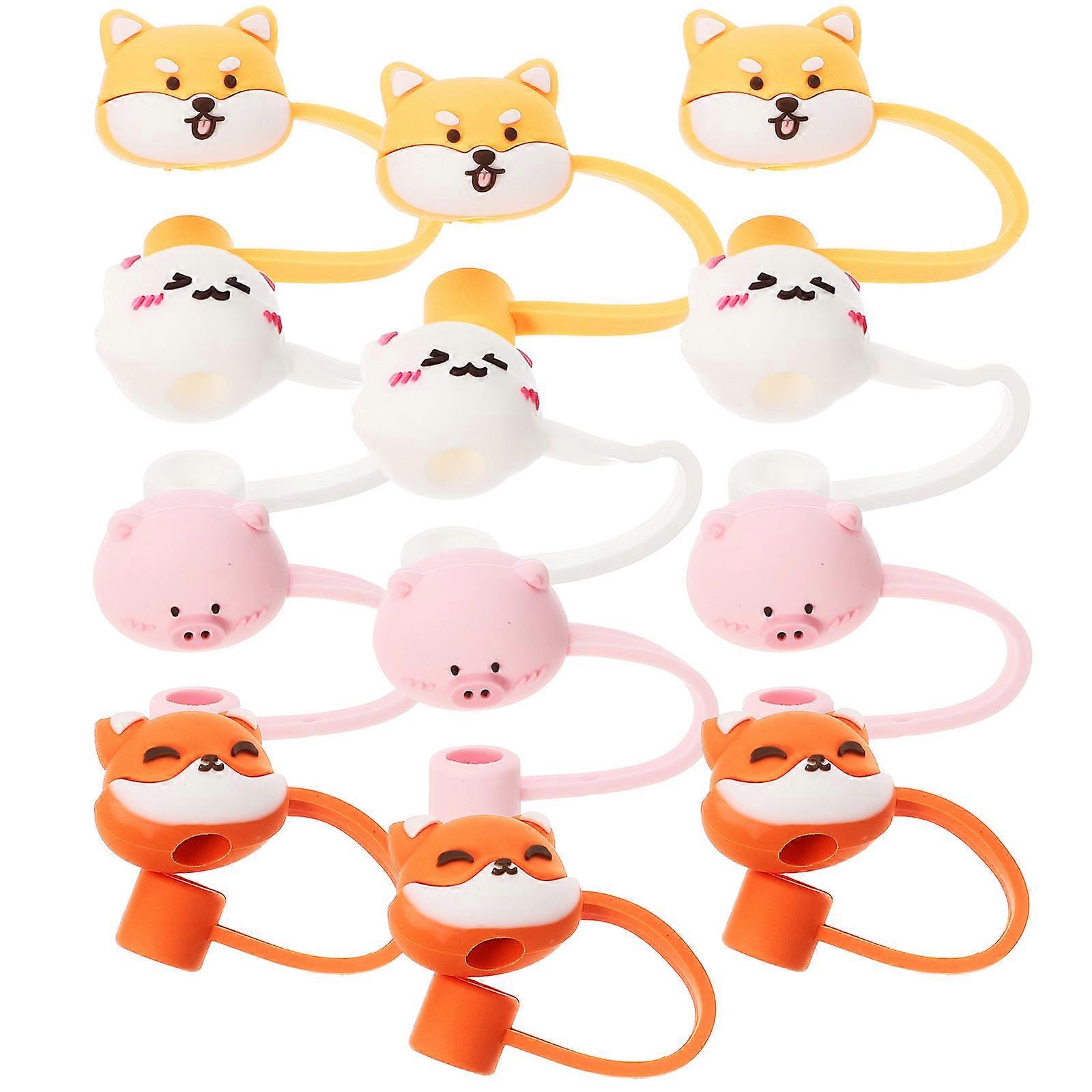 Drinking Straw Caps 12Pcs Cartoon Straw Tips Cover For Daily Use Assorted Color Food-grade Silicone Anti-dust