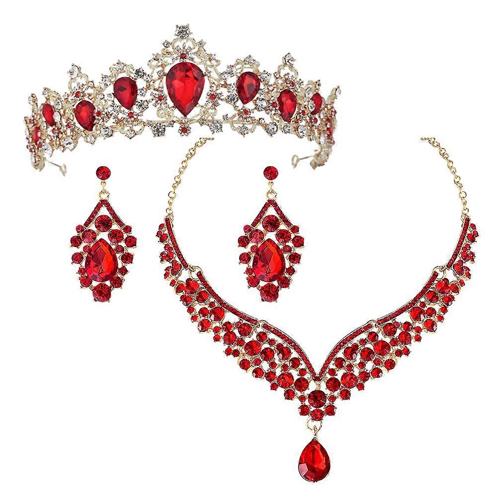 Birthday Party Crown Headband Necklaces Earrings Set For Girls With Elegant Appearance In Red Color For Various Occasions 1 Set