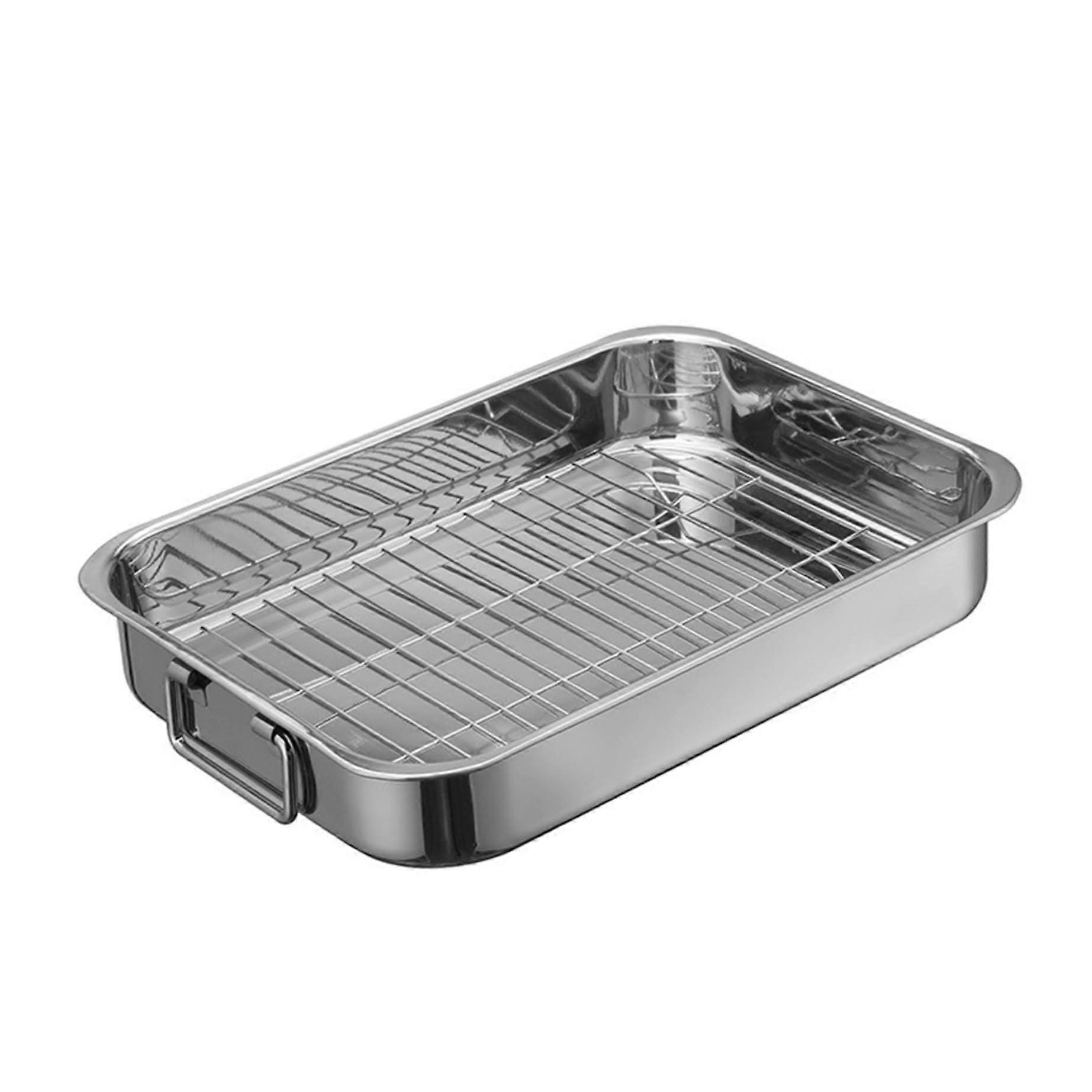 Stainless Steel Roasting Pan With Rack And Handles 15.4x11x2.4 In Even Heating Temperature Resistant For Vegetables