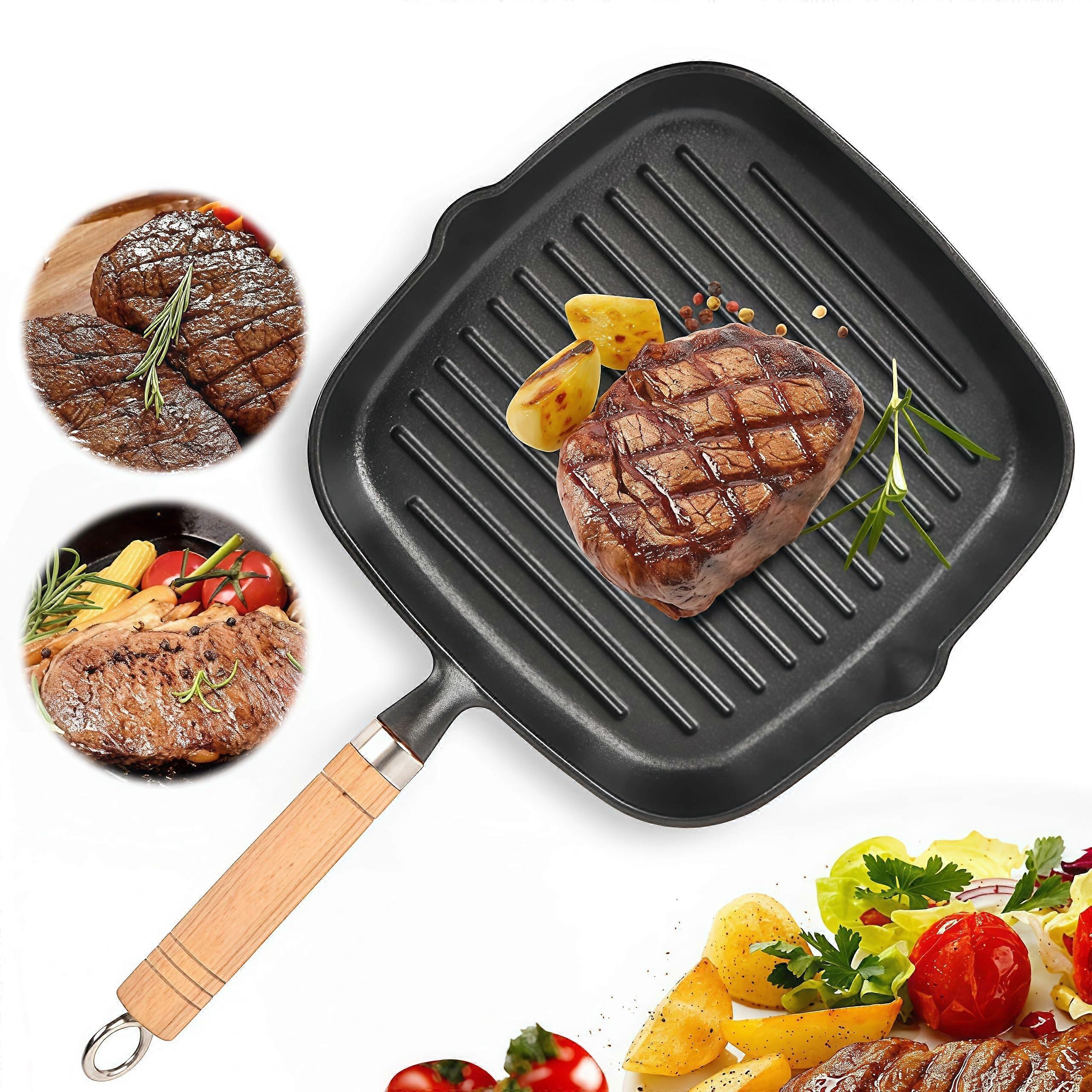 Square Cast Iron Grill Pan With Pour Spouts And Wood Handle, Induction And Gas Compatible, Naturally Nonstick, 8.6 Inch