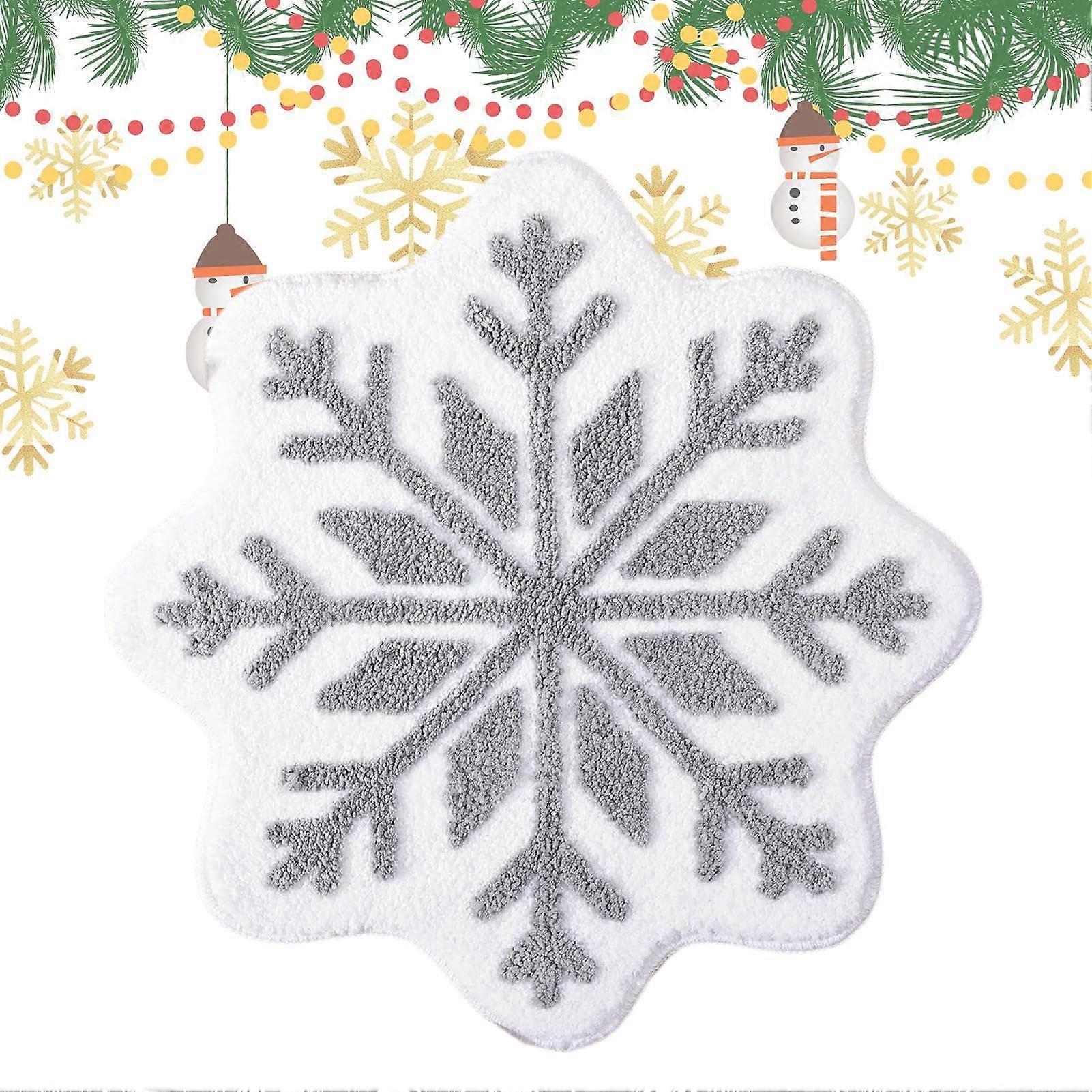 Round Bath Mat Red Snowflake Carpet, Soft Imitation Cashmere Rug for Christmas Decor, Grey 80x80cm
