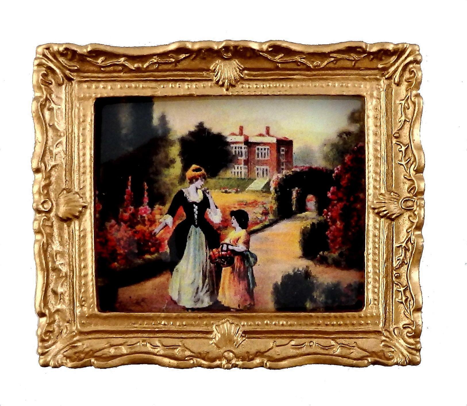 دمى البيت تيودور حديقة نزهة اللوحة الذهب الإطار مصغرة صورة التبعي