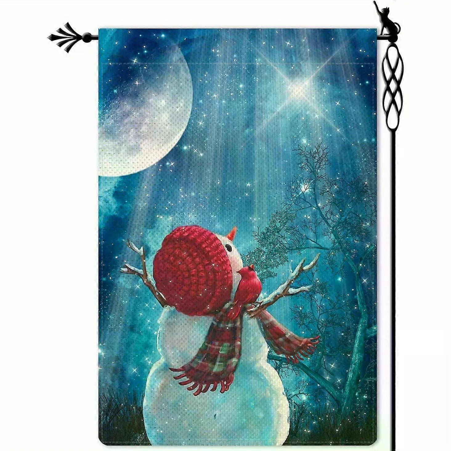 Bandeira de jardim natalina dupla face com boneco de neve e cardeal, 30x45cm, estilo rústico com aparência de juta, em poliéster, resistente às intempéries. Decoração para ambientes externos.