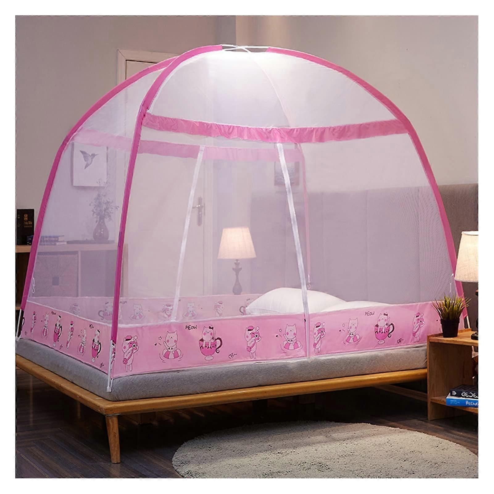 Mosquito Net Bed Canopy Pop Up Tent Foldable Enclosed Mesh Dual Doors for 1.5m Pink Bed