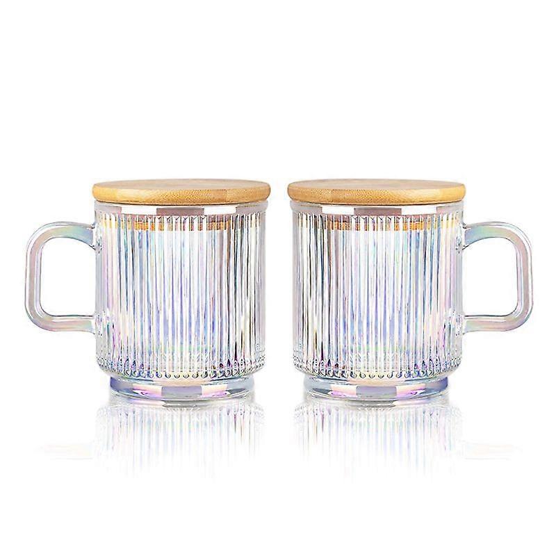 2Pc Glass Coffee Cup with Lid Mugs Ribbed with Handle for Latte Tea A