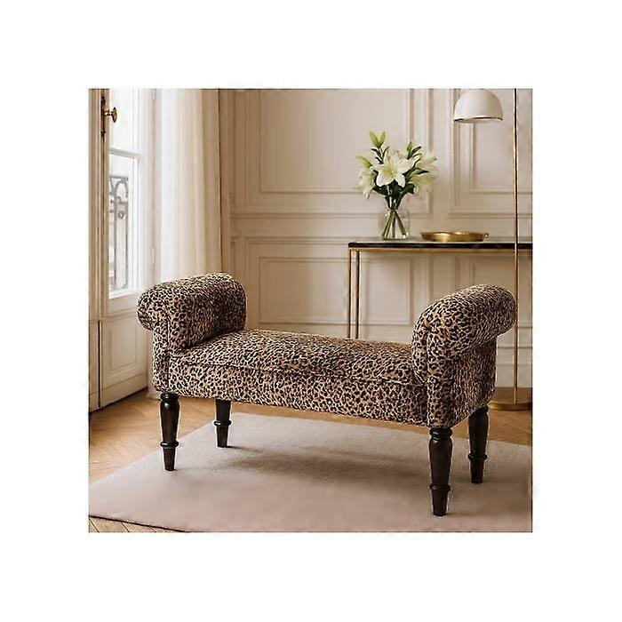 Solid Wood Leopard Print Upholstered Velvet Bench, Brown