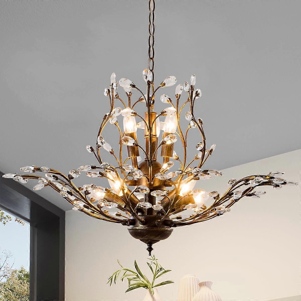 Vintage Crystal Chandelier with Bronze Branch Design, 8Light Adjustable Chain for Dining Room