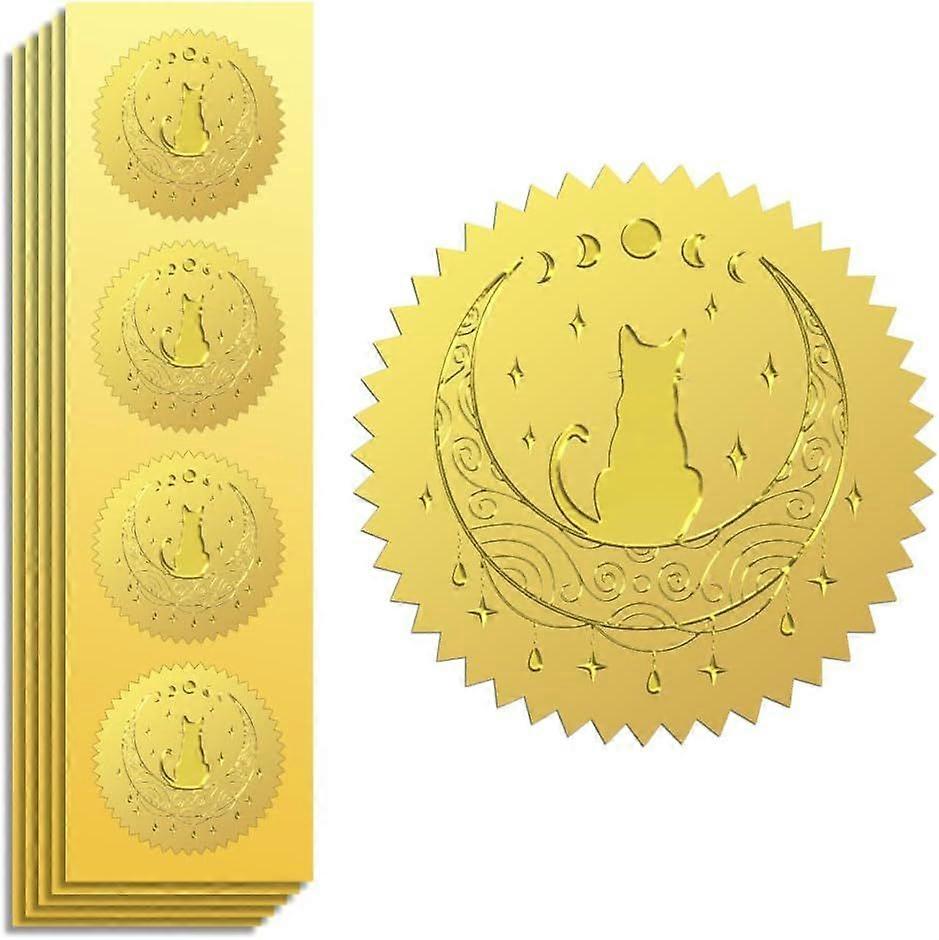 Gold Foil Sticker Seal Embossed Moon and Cat 2 Inch 100Pcs Self Adhesive Gold Around Embossing Sticker for Invitation Certificate Envelope Seal Gift C