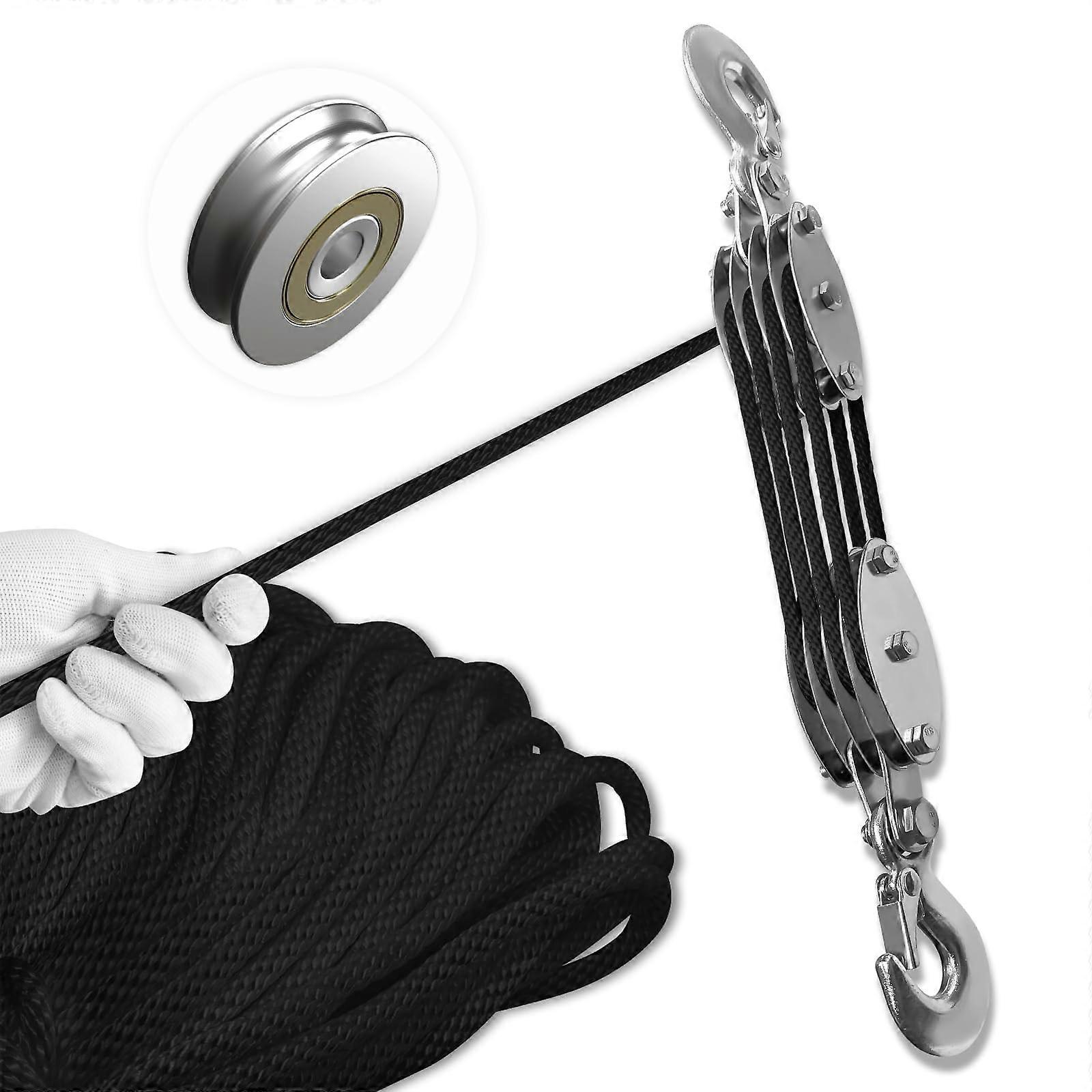 Pulley Hoist 4 Wheel 2200LB Capacity, 8:1 Lifting Ratio with 65Ft Rope, Block and Tackle for Garage and Heavy Lifting