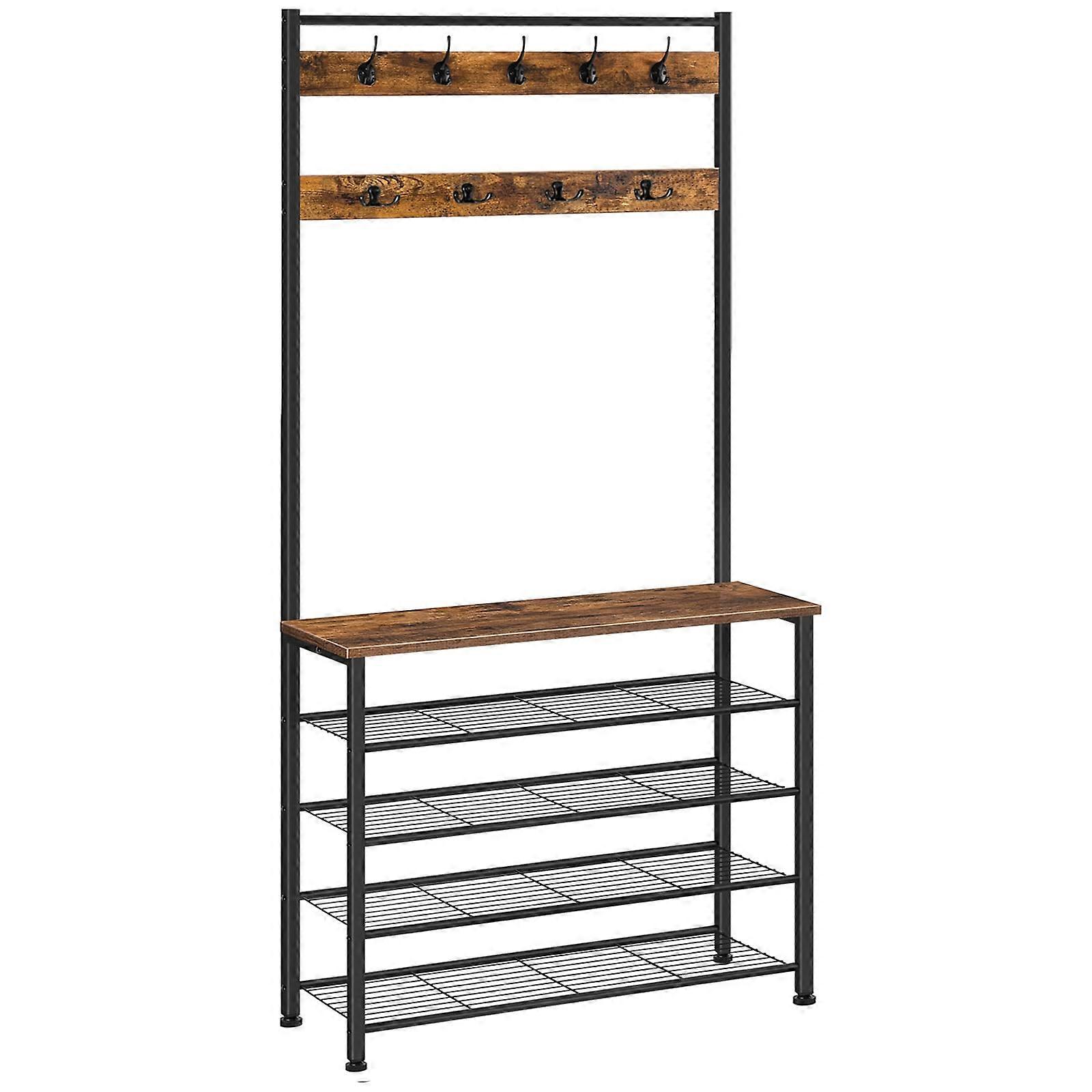 Hall Tree and Coat Rack with Bench, 5Tier Shoe Storage, 9 Hooks, Rustic Brown and Black 31.5'x12.6'x74.8'