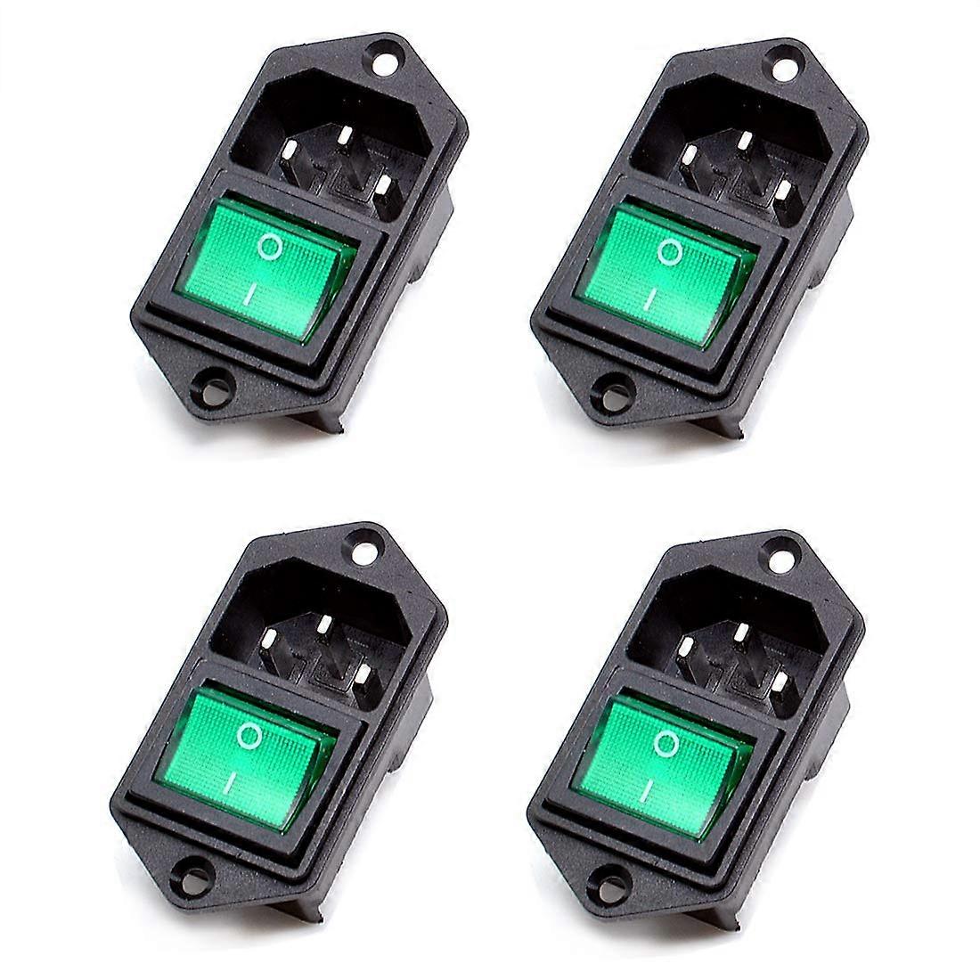 4pcs IEC320 C14 Power Socket with Builtin Rocker Switch AC 250V 10A Panel Mount Green