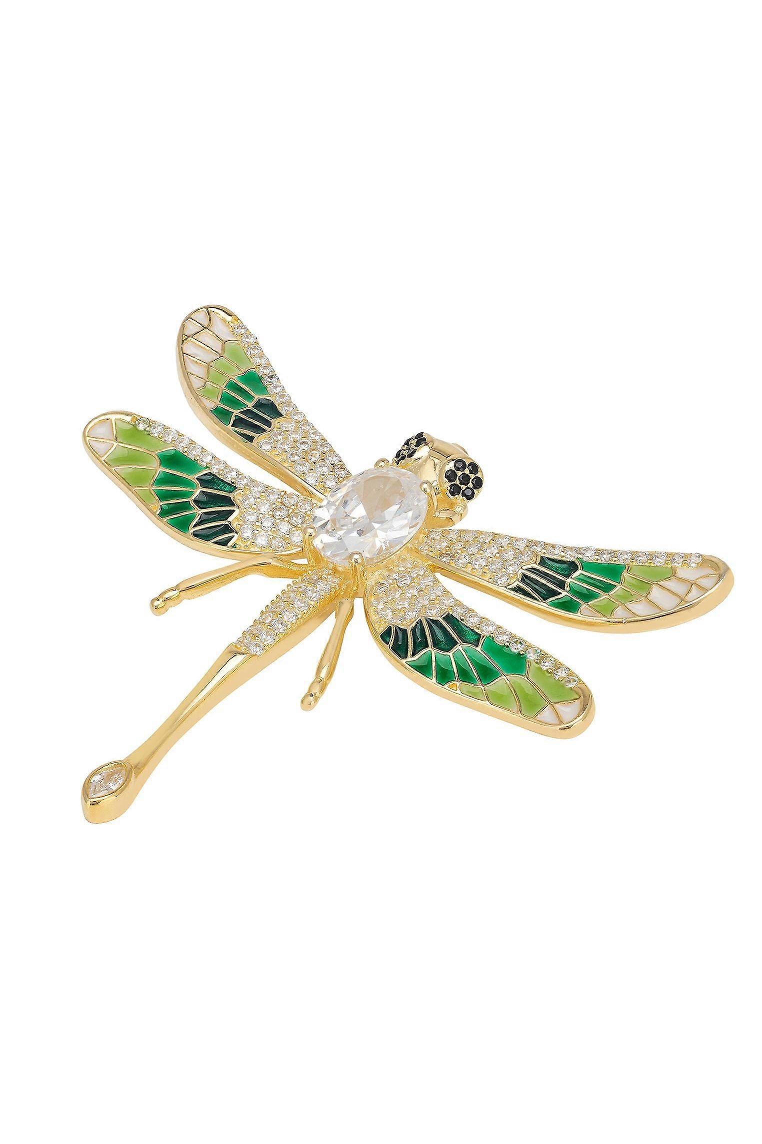 Dragonfly Green Enamel Brooch Gold