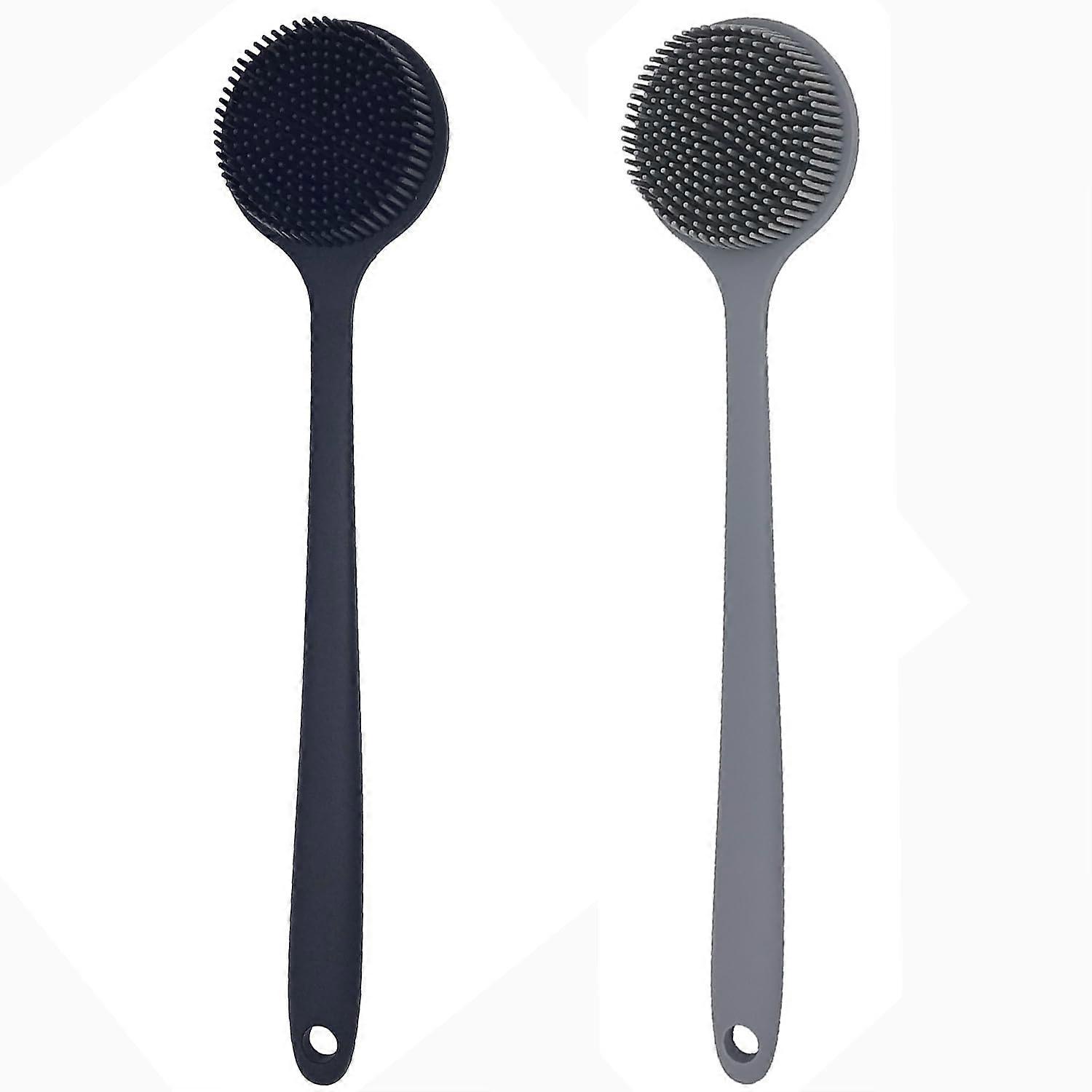 2 Pack Silicone Back Scrubber with Long Handle for Shower, DualSided Massage, Black and Gray
