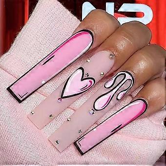 Long Ballerina Press On Nails with Rhinestones, French Tip False Nails, Reusable Full Cover Set