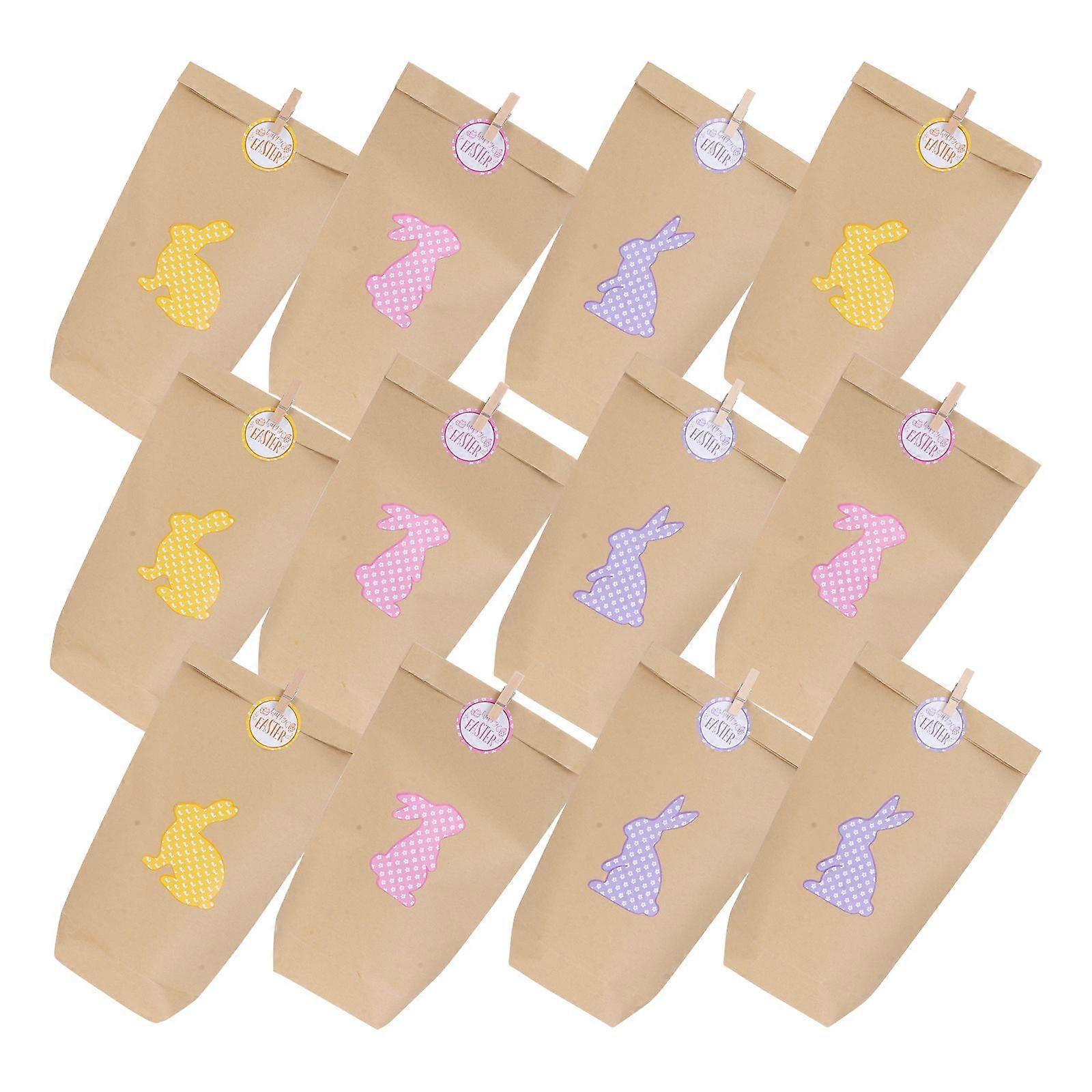 12 Sets Easter Themed Wrapping Paper Bag Candy Gift Bag Rabbit Sticker Bag
