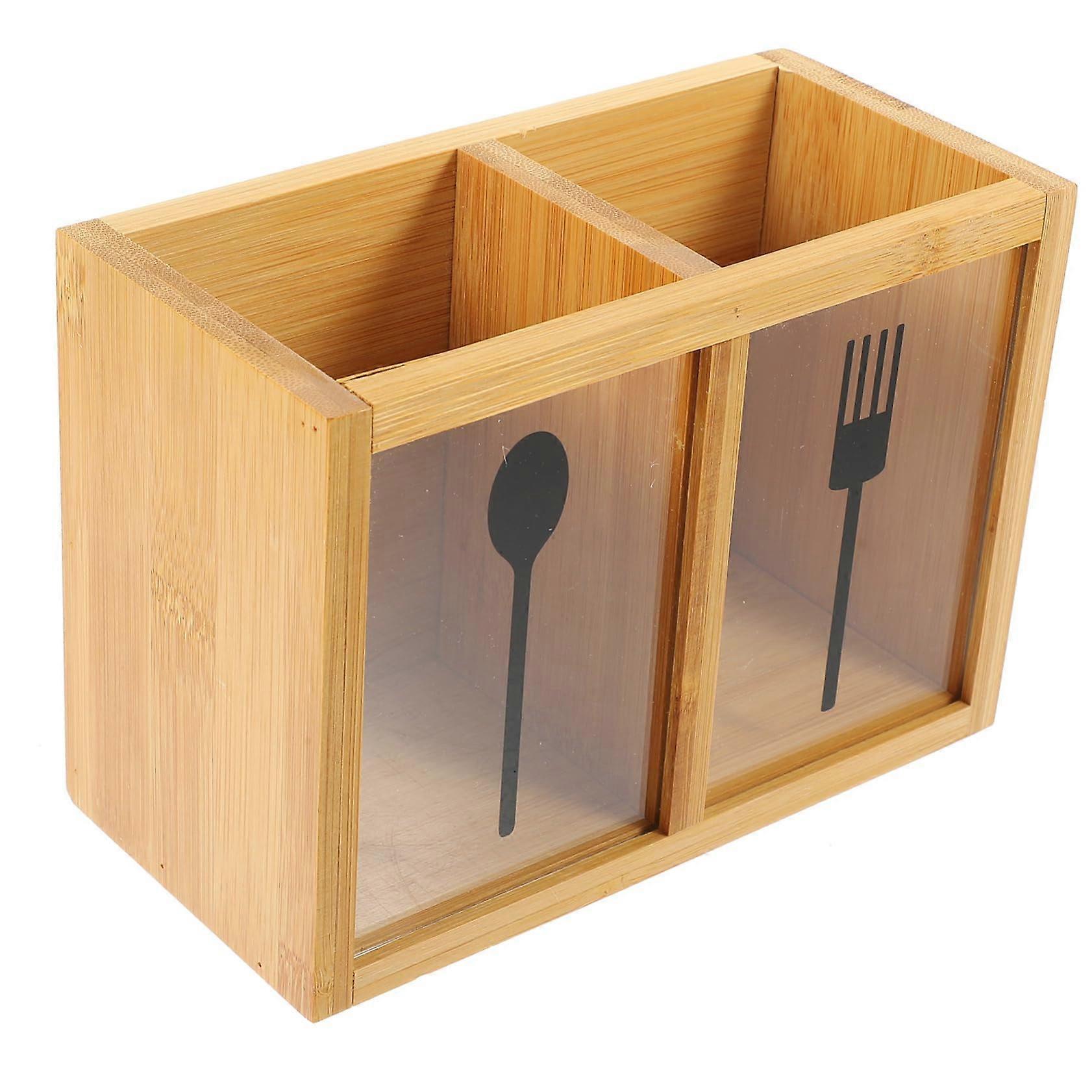 Bamboo Cutlery Organizer with Clear Window, MultiFunctional Kitchen Utensil Holder for Tableware